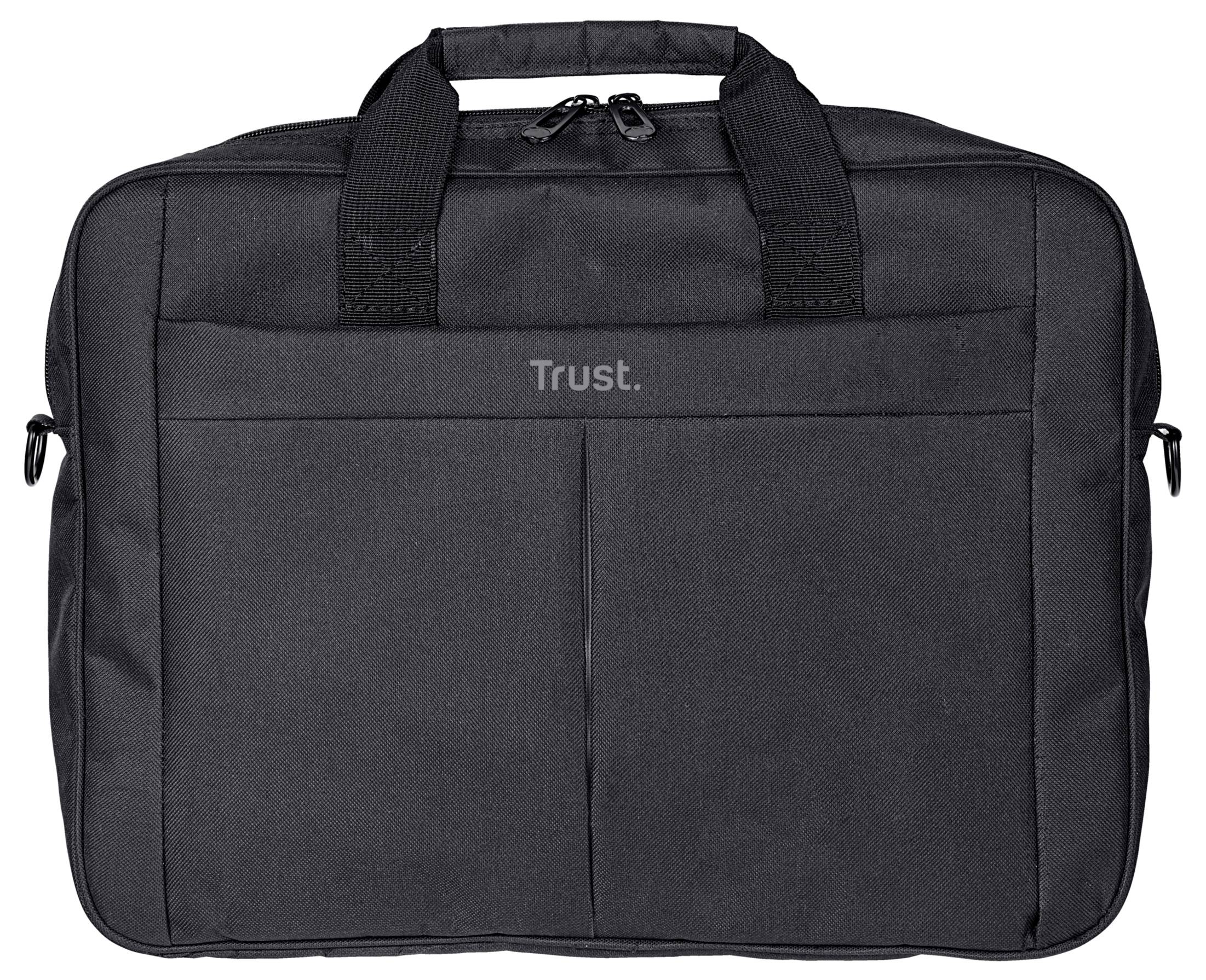 Čierna taška na laptop s dvomi rukoväťami a nápisom 'Trust.' na prednej strane. Ideálna na ochranu a prepravu laptopov.