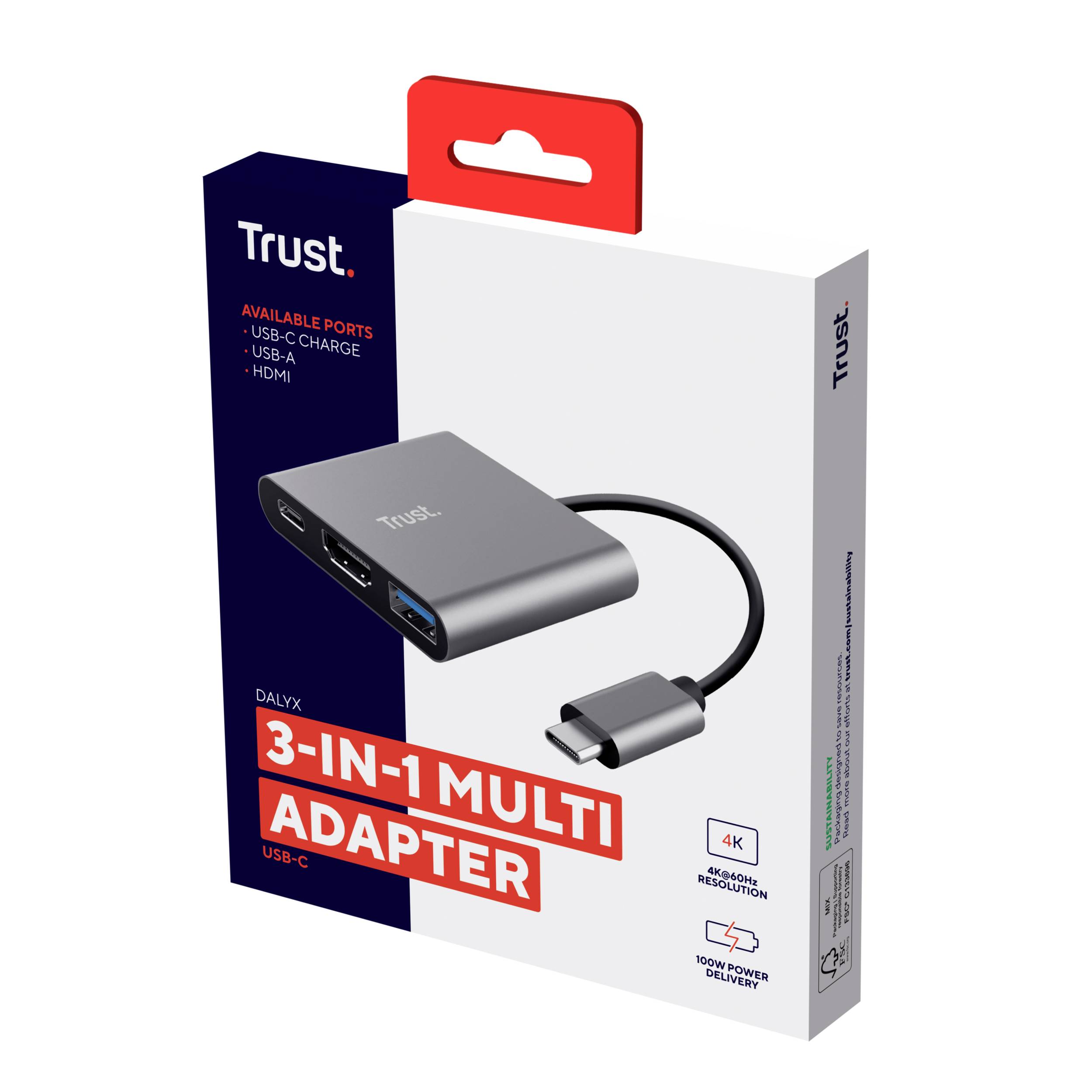 Trojitý adaptér značky Trust s USB-C pripojením a portami HDMI, USB-C a USB-A. Obal zobrazuje obrázok adaptéra.