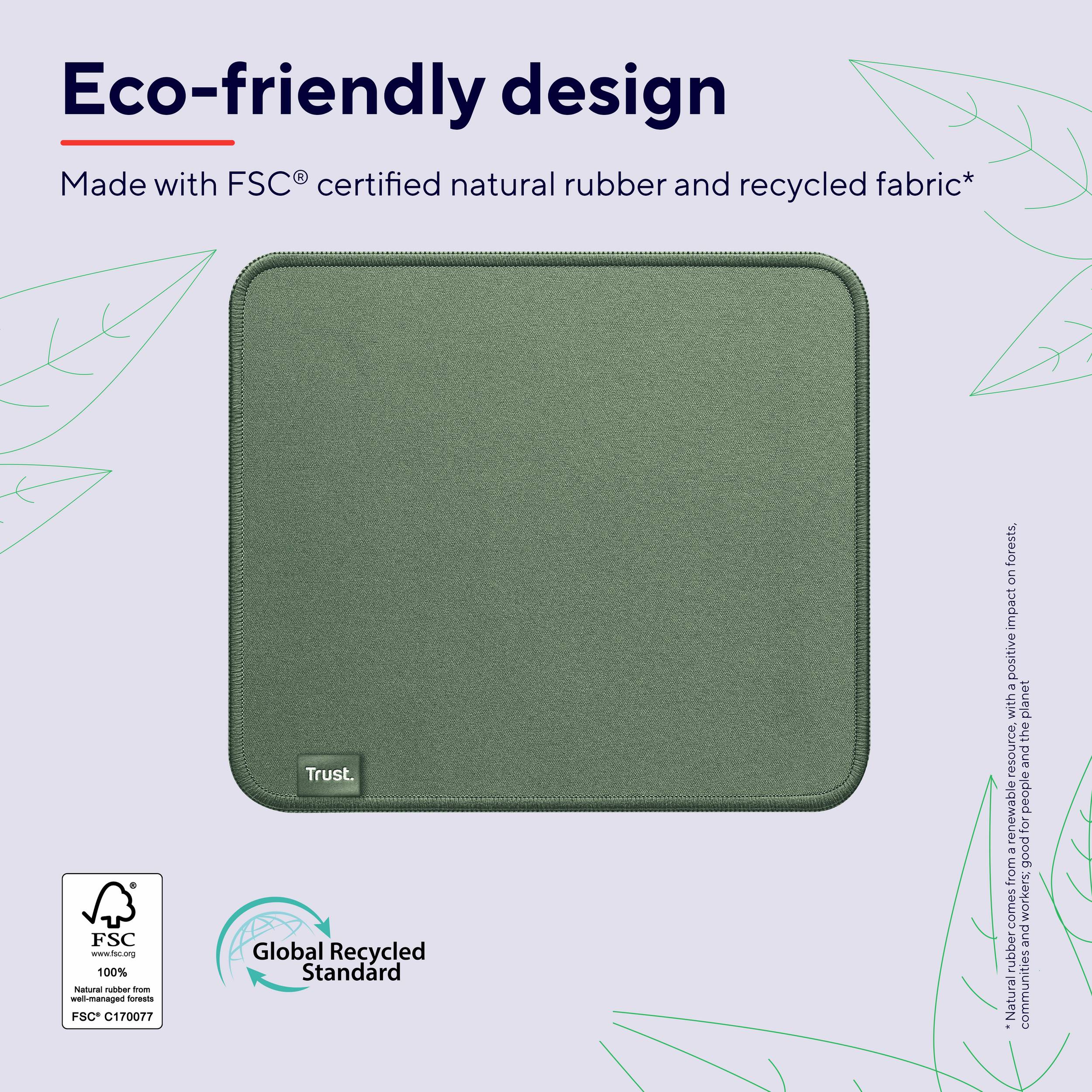 Zelená, ekologická podložka z prírodného kaučuku a recyklovanej látky s certifikátom FSC a Global Recycled Standard.