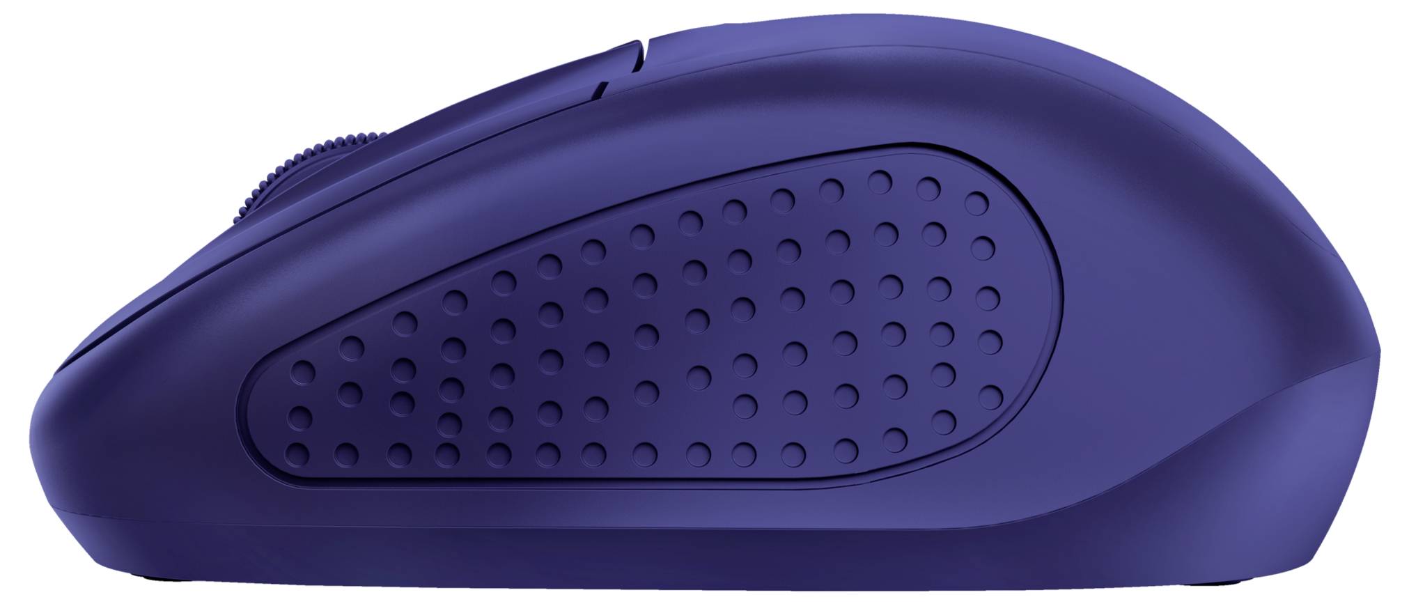Modrá bezdrôtová počítačová myš so štruktúrovaným úchopom na boku.