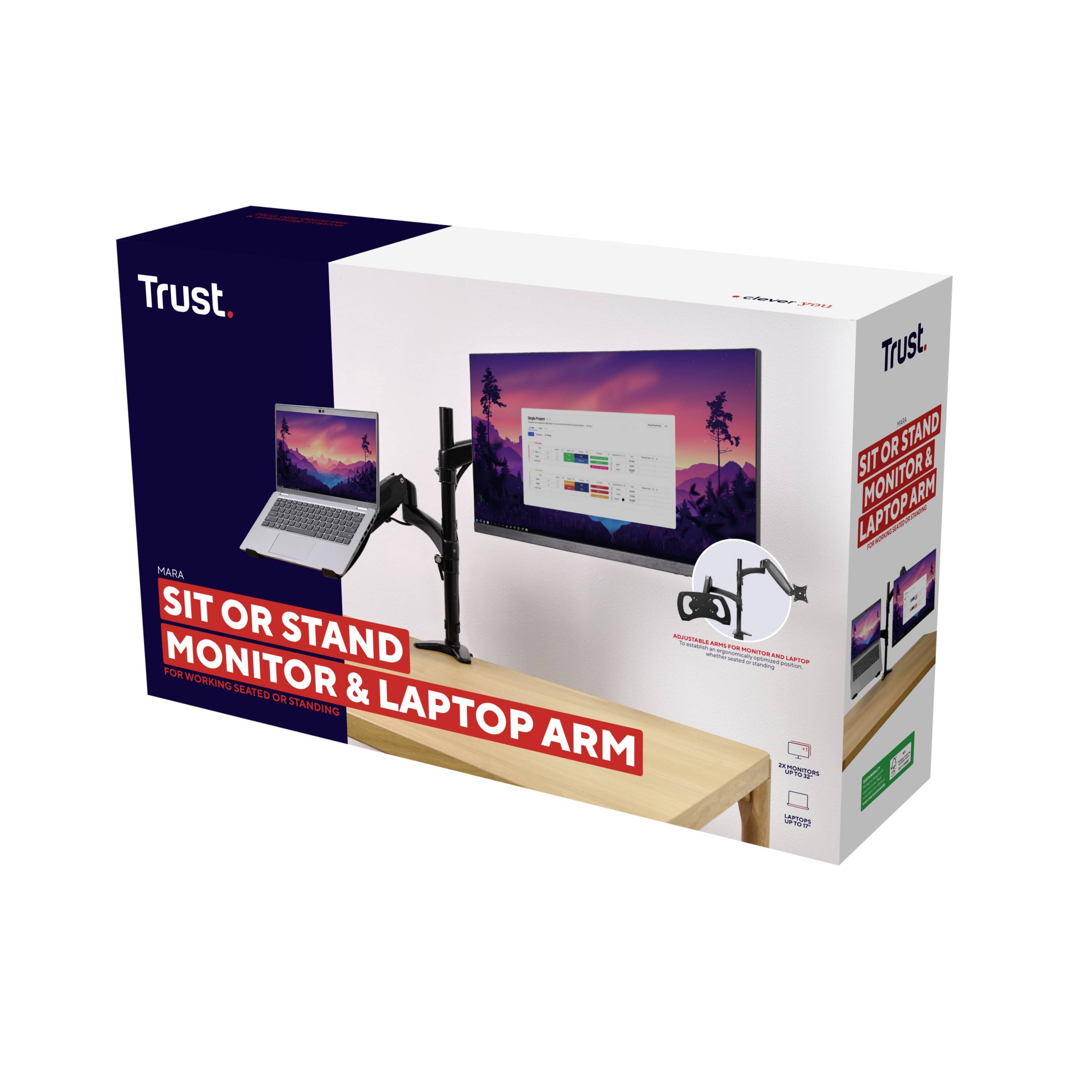 'Trust Halox' Monitor a laptop rameno - balenie s vyobrazením produktu na pracovnom stole, vhodné pre sediacu aj stojaciu pracovnú pozíciu.