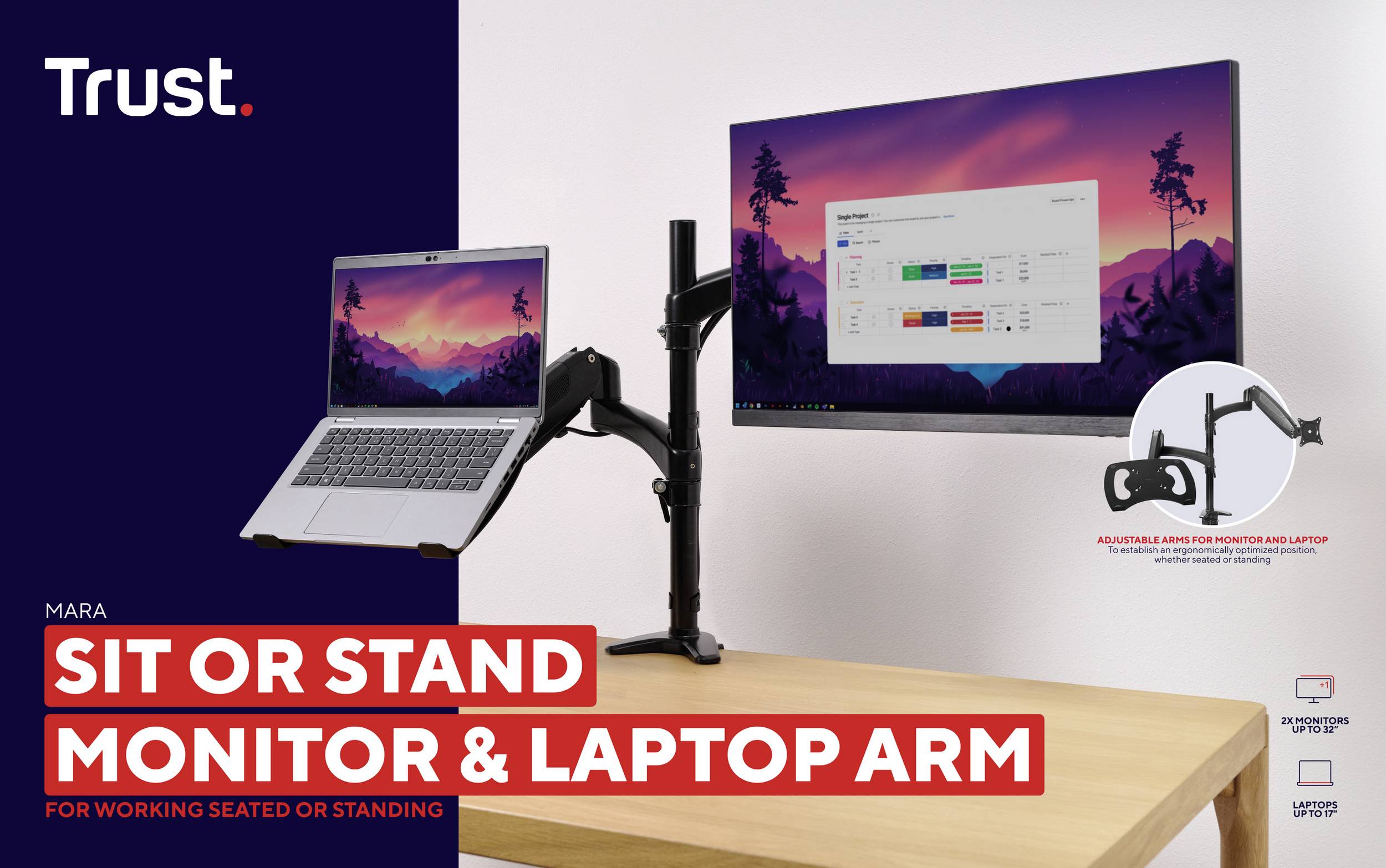 Držiak monitora a notebooku Mara udrží notebook a monitor v ergonomickom uhle, vhodný pre sediacu alebo stojaciu prácu.