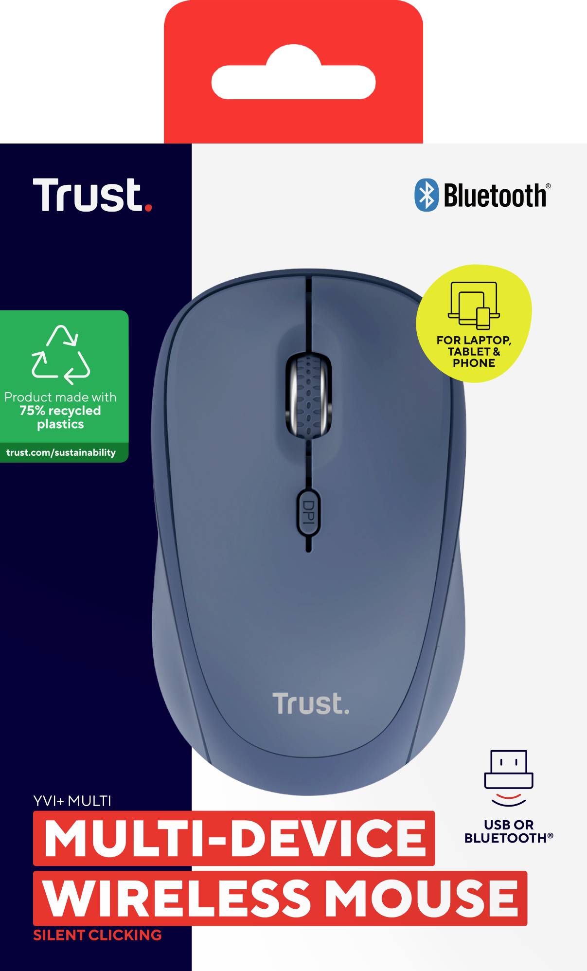 Bezdrôtová viacúčelová myš v modrej farbe s Bluetooth, vhodná pre laptop, tablet a telefón. Balenie zdôrazňuje tichý klik a recyklovaný plast.