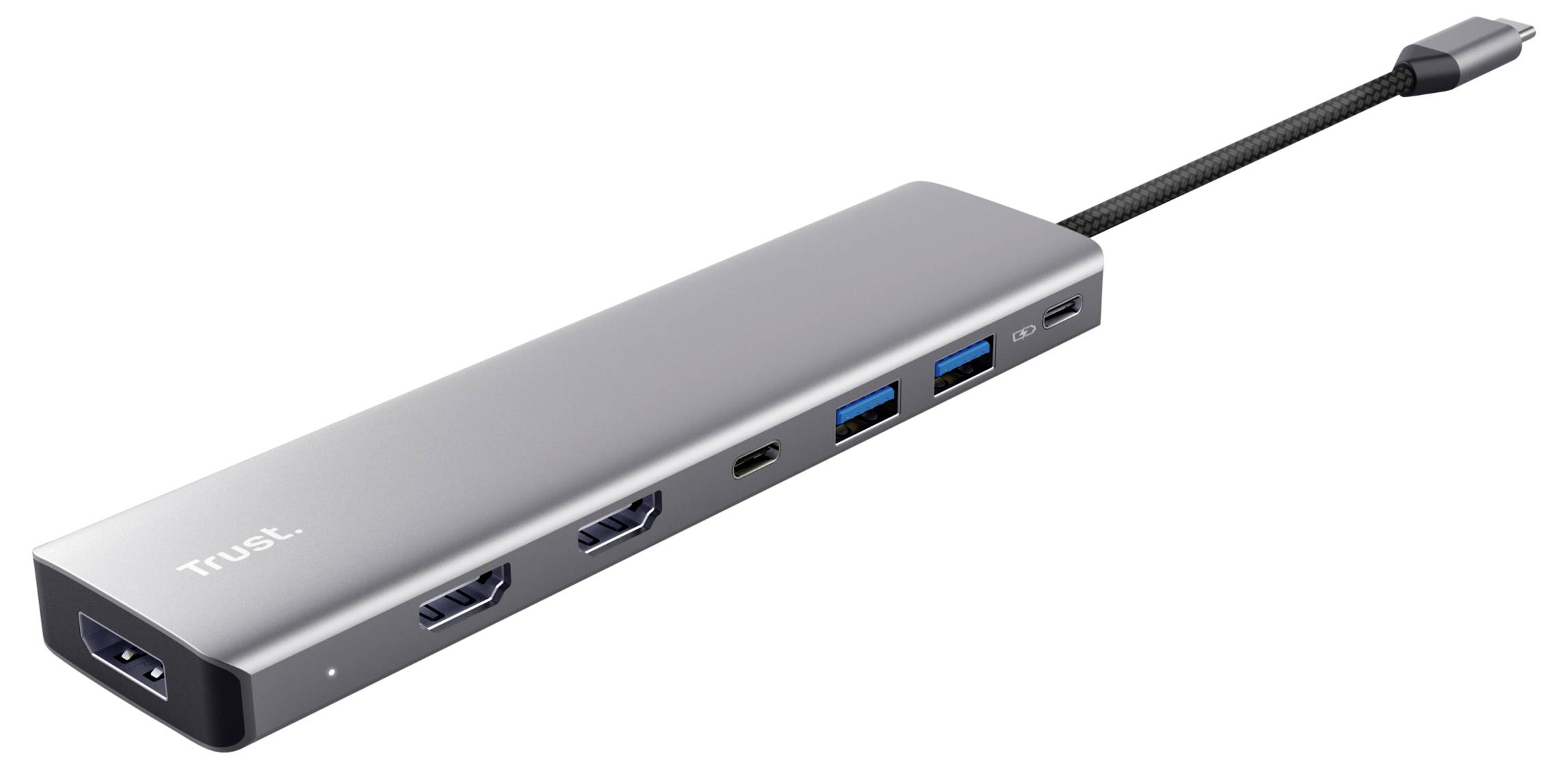 Strieborný USB-C hub s dvoma HDMI portami, dvoma USB-A 3.0 portami, jedným USB-C portom a ethernetovým pripojením na boku.