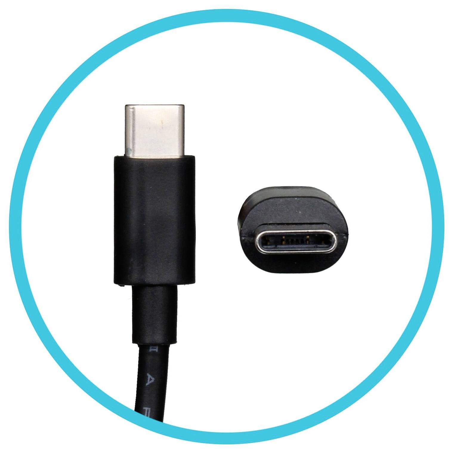 USB-C konektor s káblom a USB-C portom, zvýraznený modrým kruhom.