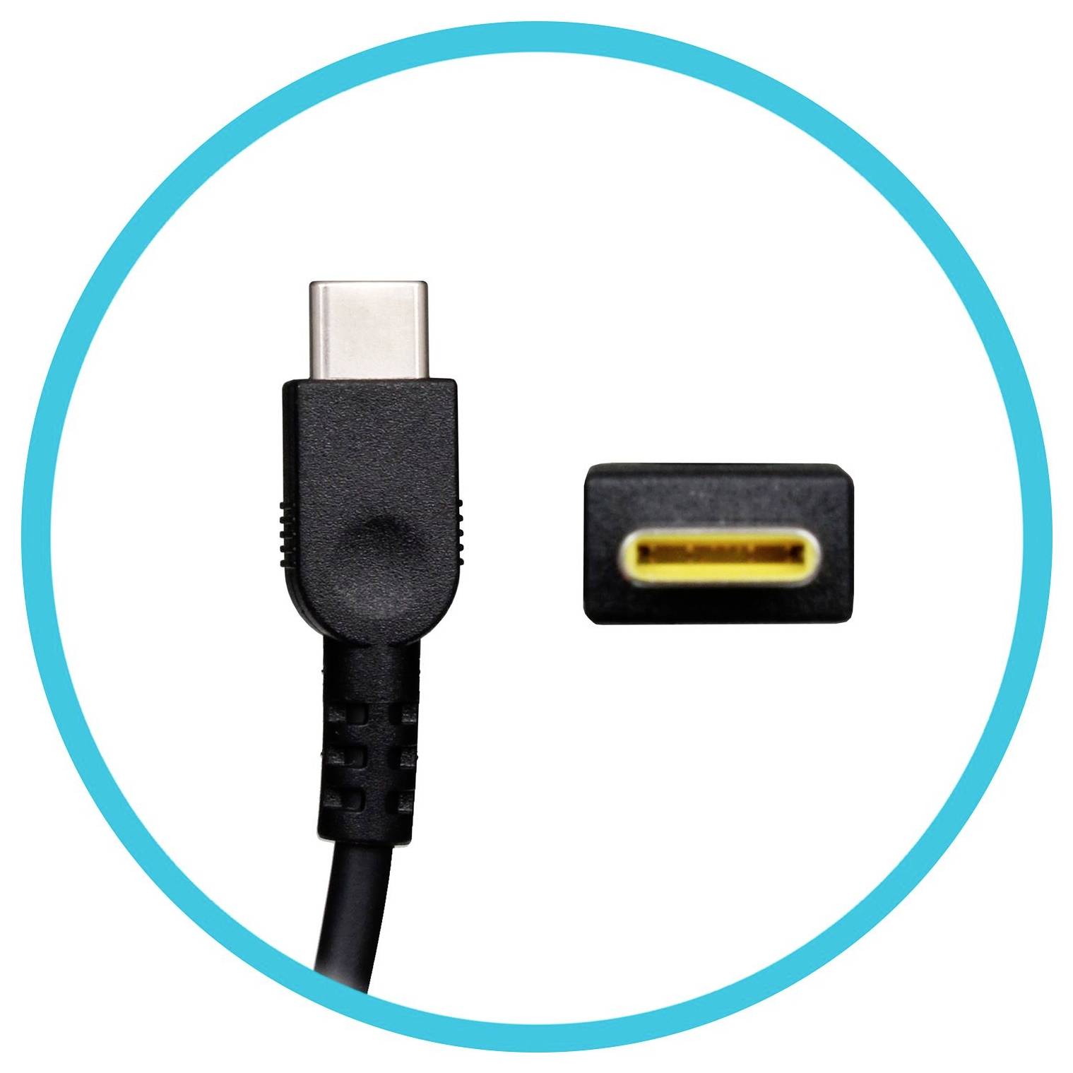 USB-C konektor a zásuvka. Konektor vľavo s čiernym káblom, zásuvka vpravo so žltým vnútorným priestorom, modrý kruhový rámik.