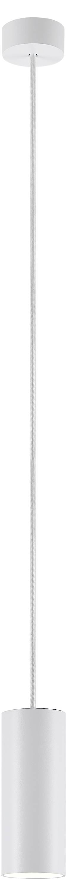 Biela, valcovitá závesná lampa s jednoduchým dizajnom a tenkou konzolou, vhodná do moderných obytných priestorov.