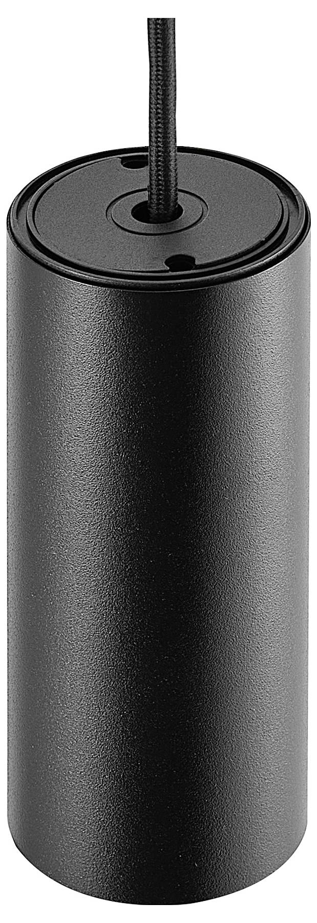 Čierny cylindrický tienidlo z kovu so šnúrou na vrchu. Minimalistický dizajn pre moderné interiéry.