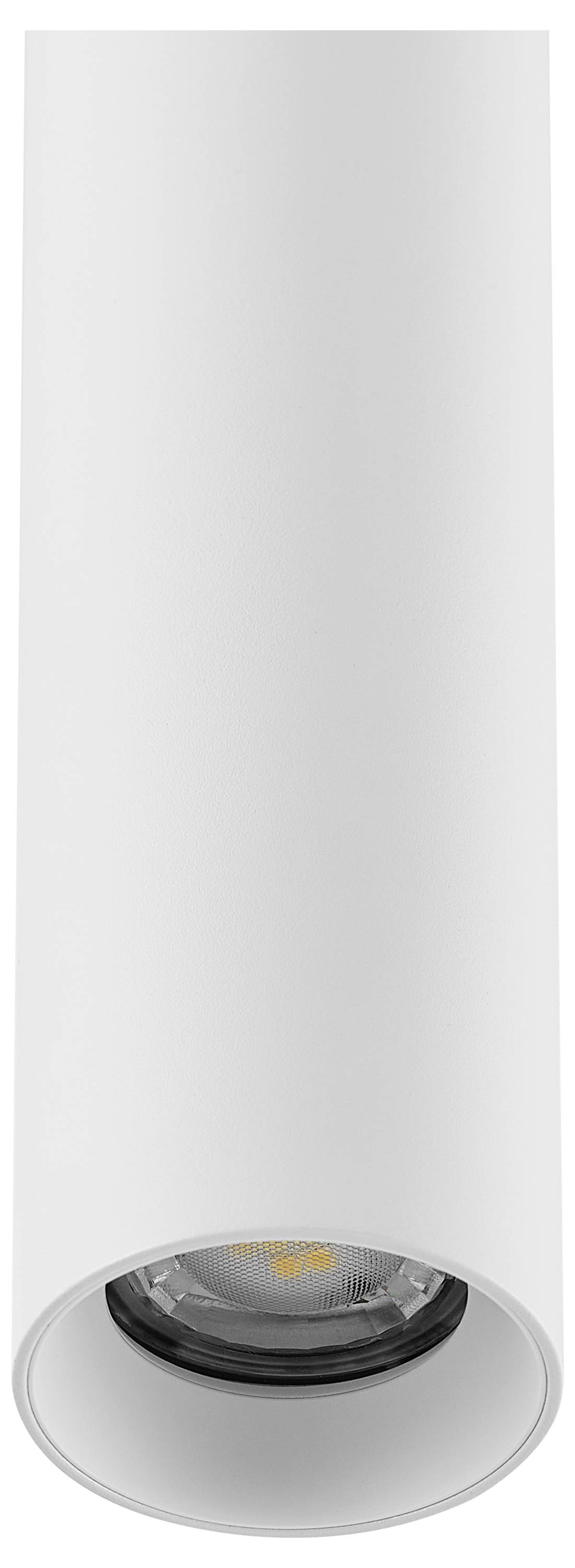 Valcová, biela stropná lampa s viditeľným LED svetelným zdrojom, vhodná do moderných interiérov.