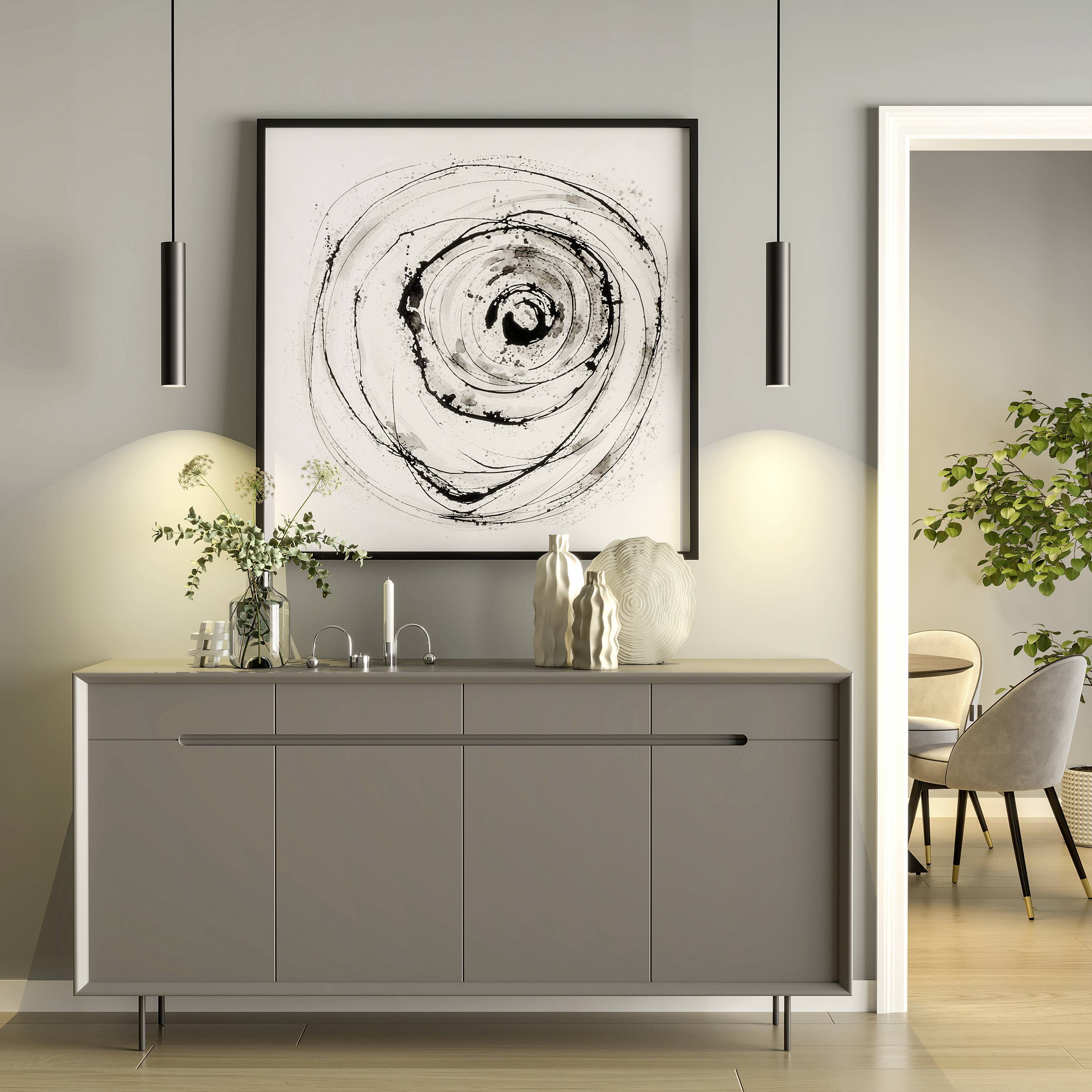 Štýlovo zariadená obývacia izba s veľkým abstraktným umeleckým dielom nad sivou príborníkom, vedľa ktorej sú umiestnené rastliny a lampa.