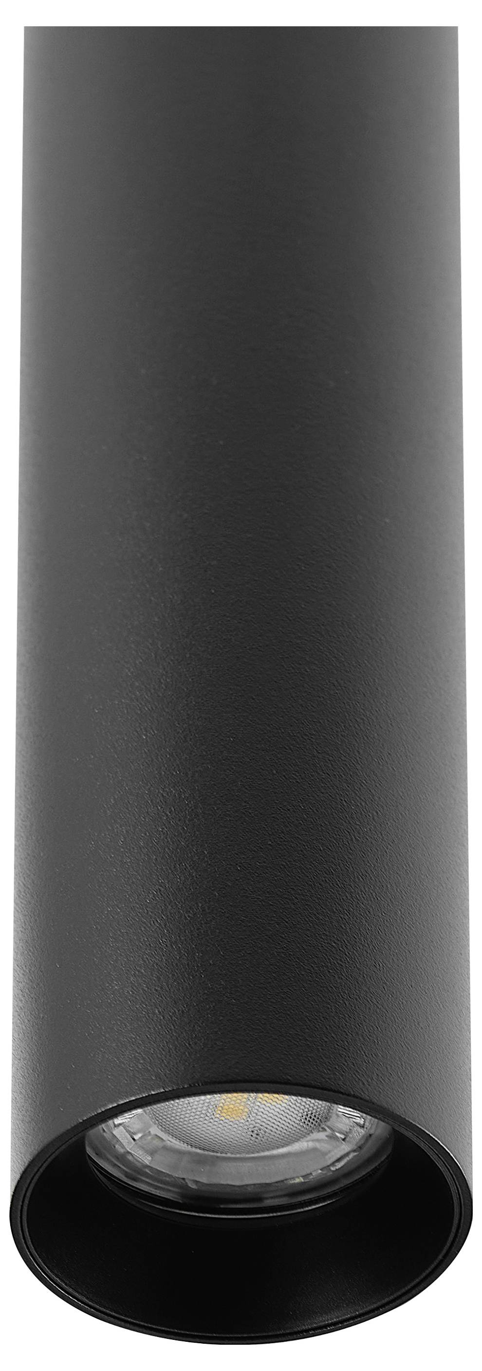 Valcová, čierna stropná lampa so viditeľnou LED žiarovkou, moderného a minimalistického dizajnu. Ideálna pre súčasné interiéry.