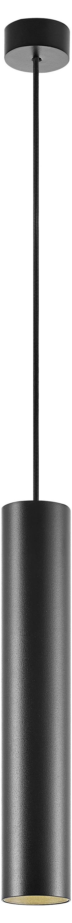 Moderná čierna závesná lampa s valcovitým dizajnom a štíhlou tyčou, zavesená na okrúhlom stropnom úchyte.