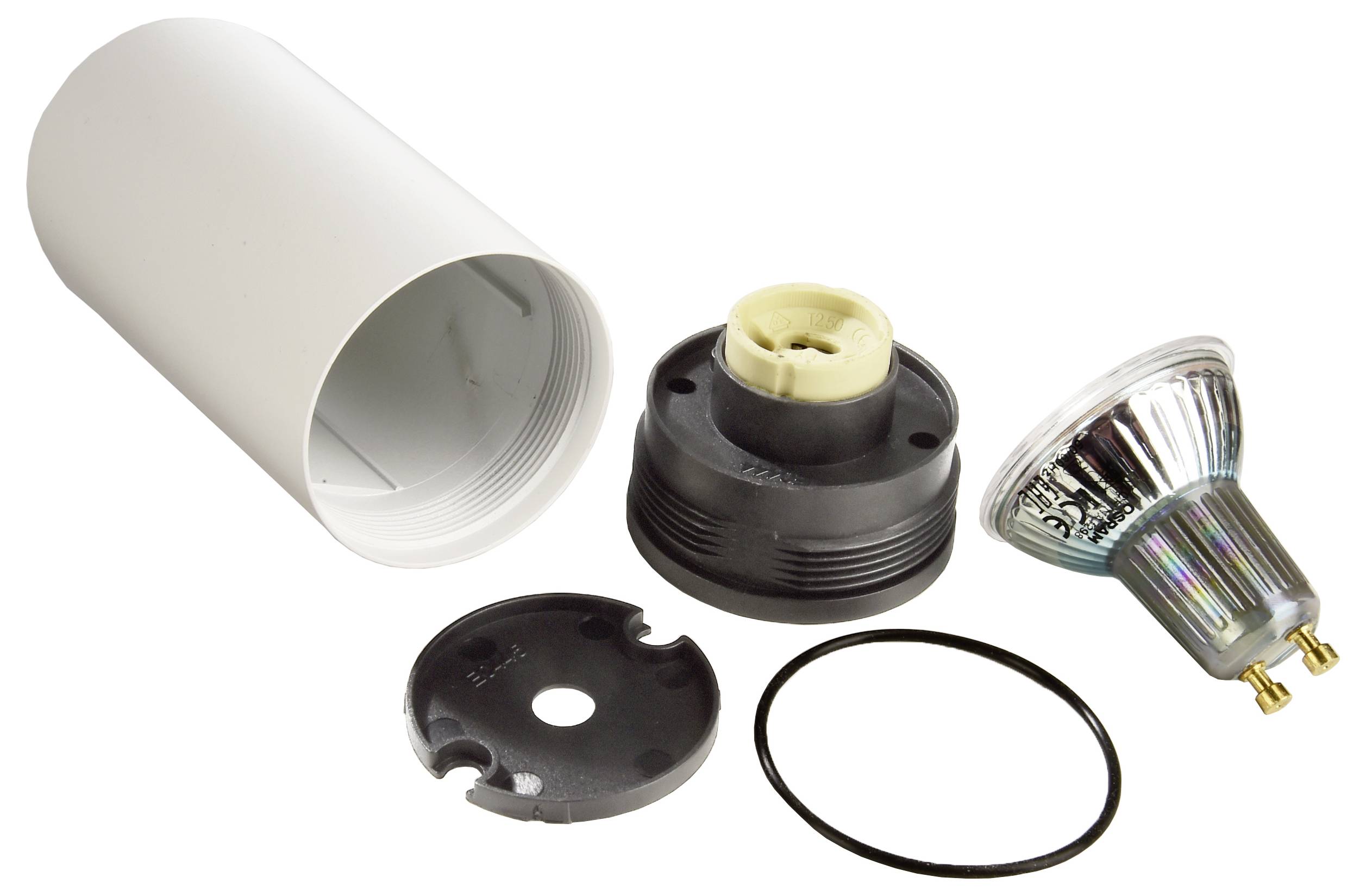 Rozobratá lampa so skrinkou, päticou, krytom, tesnením a svetelným zdrojom.