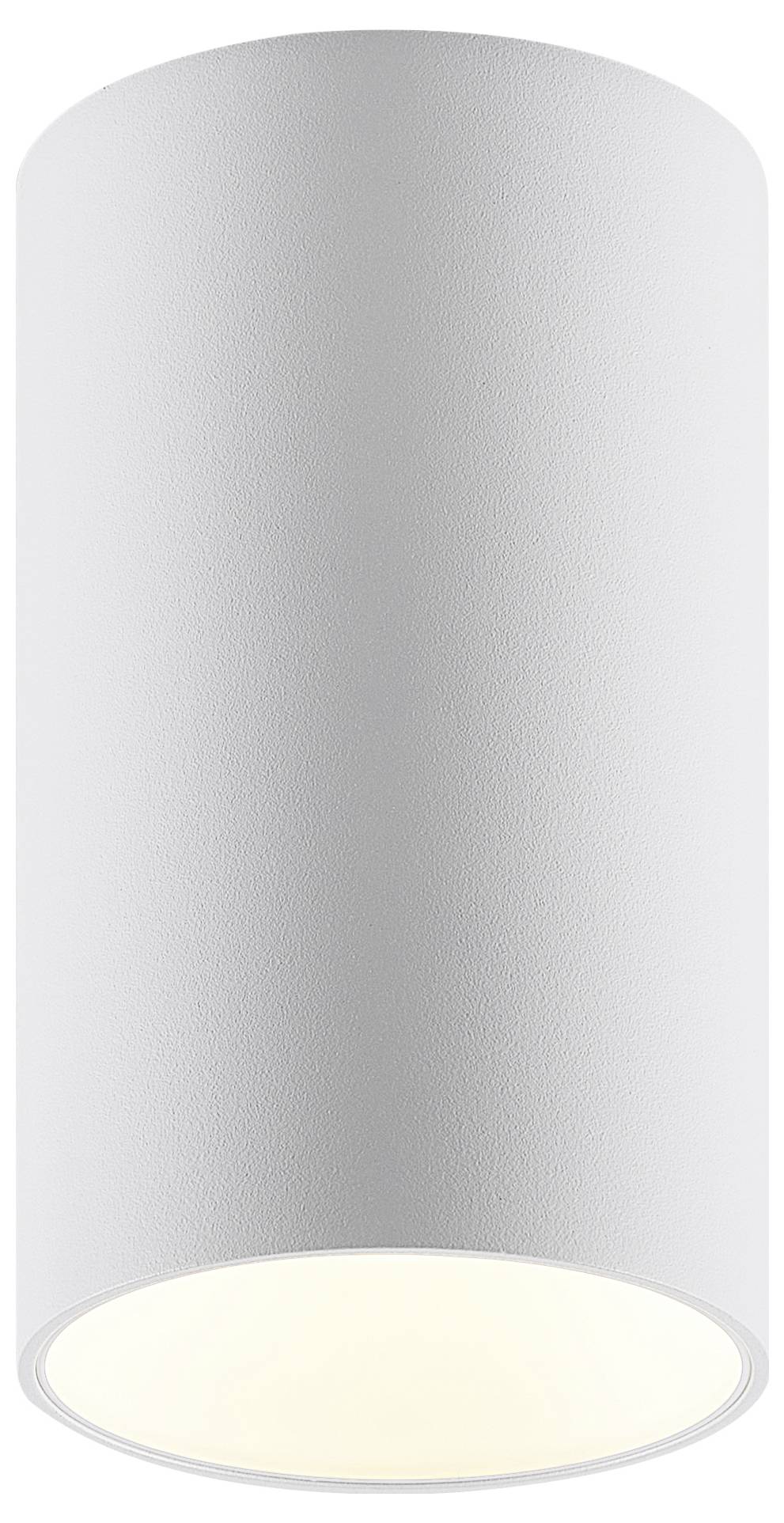 Biela valcovitá stropná lampa s hladkým povrchom, smerujúca svetlo smerom nadol, vhodná do moderných interiérov.