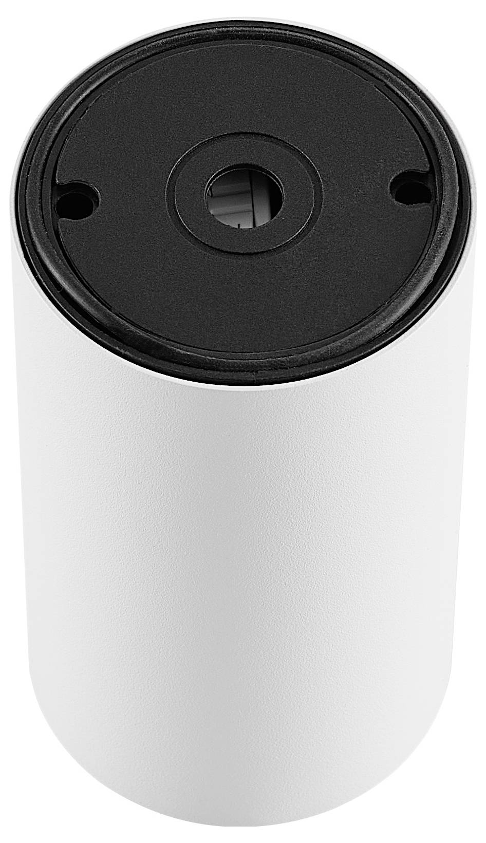 Biela valcovitá stropná lampa s čiernym zakončením v hornej časti, dvoma otvormi a centrálnym otvorom pre objímku žiarovky.