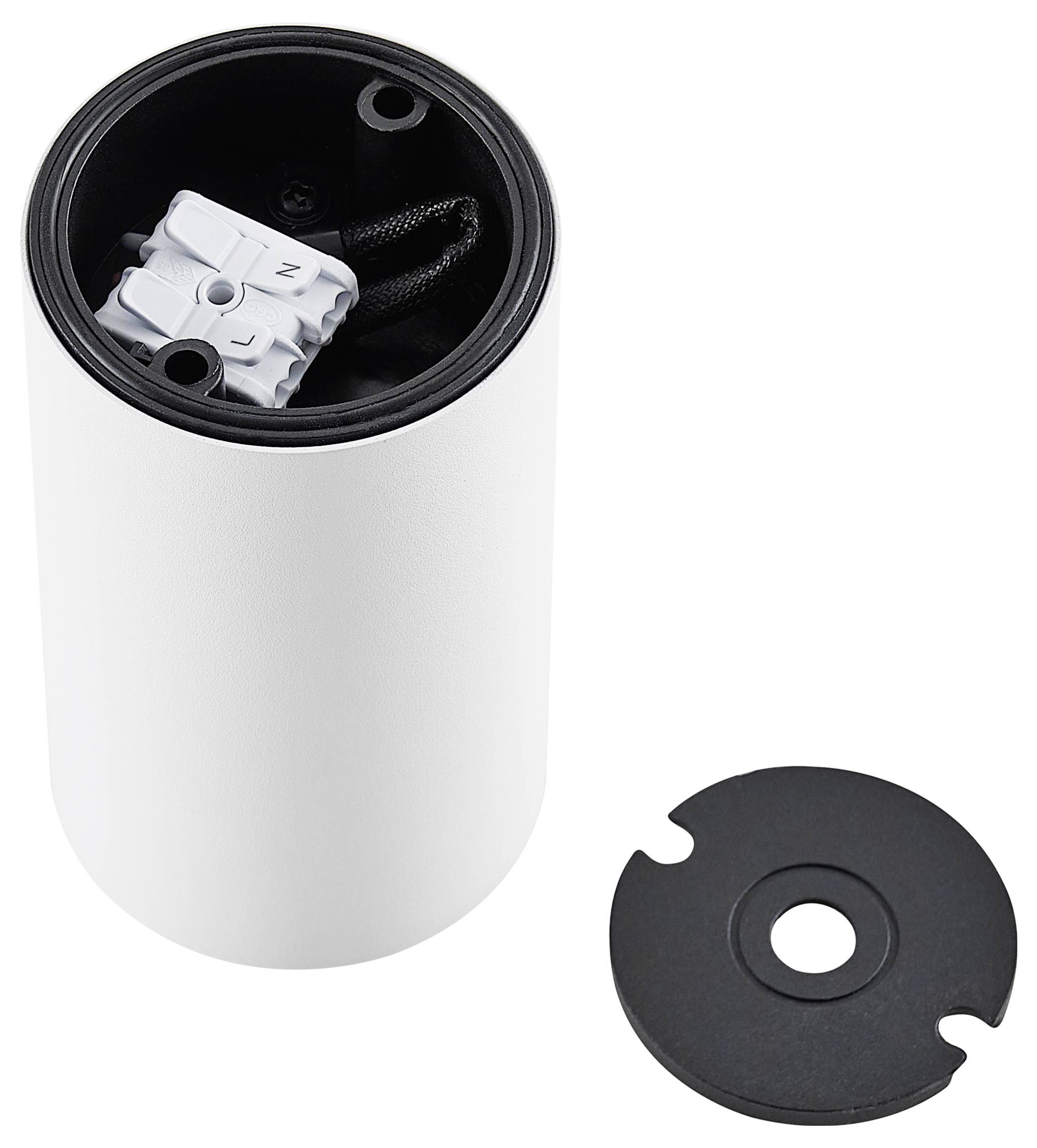 Valcový, biely kryt telesa s odnímateľným čiernym vekom, vhodný pre elektrické inštalácie.