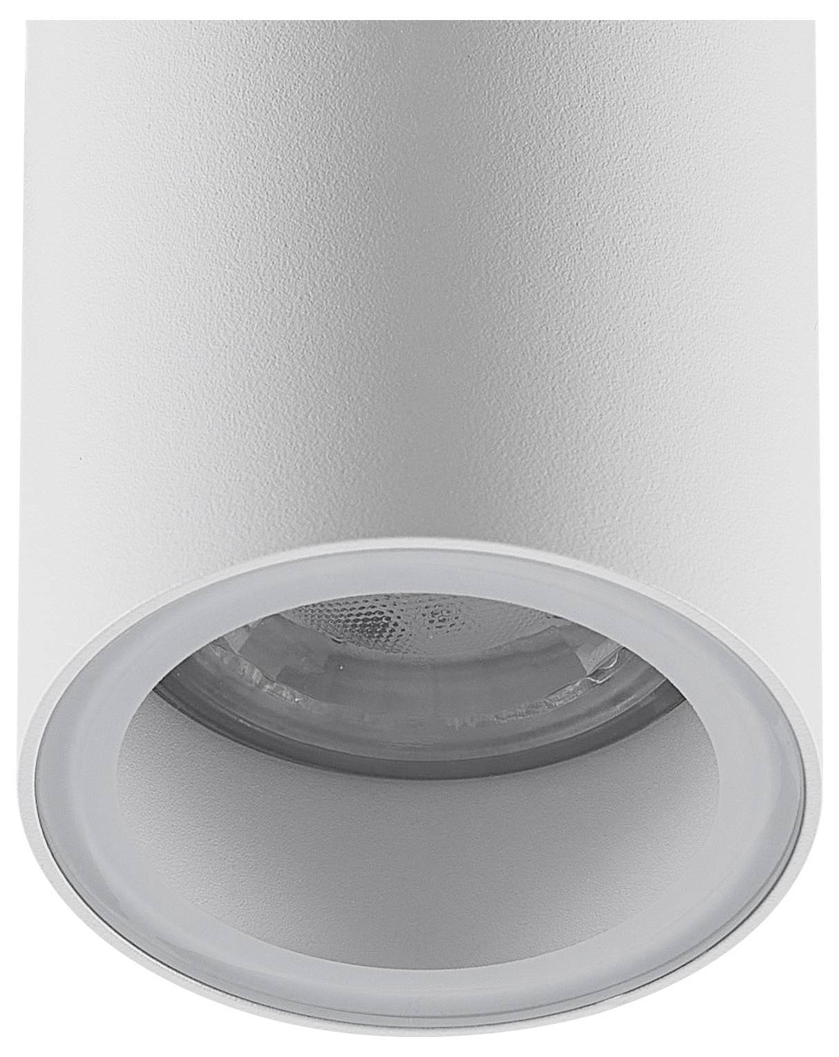 Cylindrický, biely stropný reflektor s viditeľným svetelným zdrojom vo vnútri, vhodný pre cielenú osvetnú techniku.