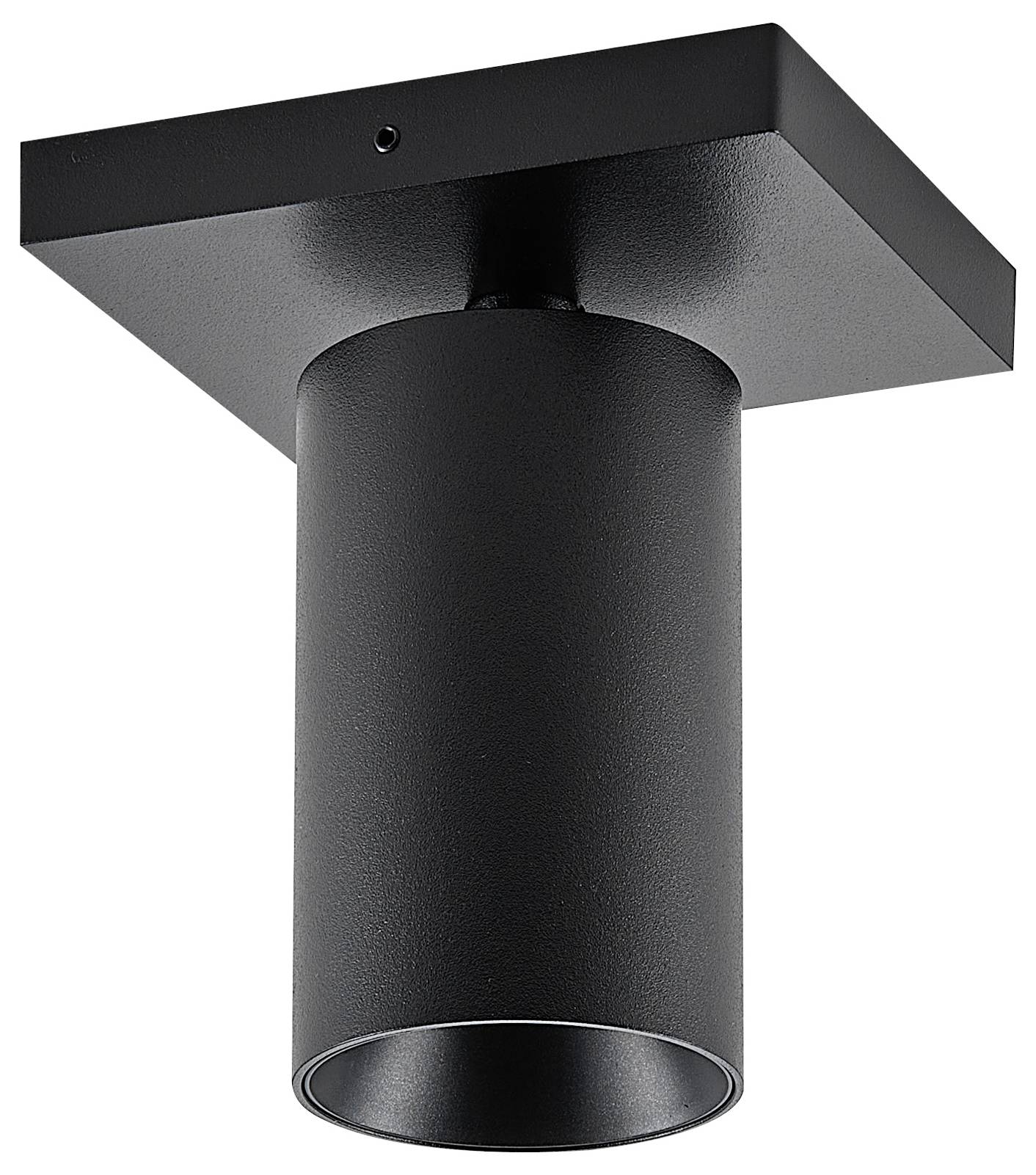 Čierna, valcovitá stropná lampa z kovu so štvorcovou základňou. Minimalistický dizajn, vhodný do moderných interiérov.