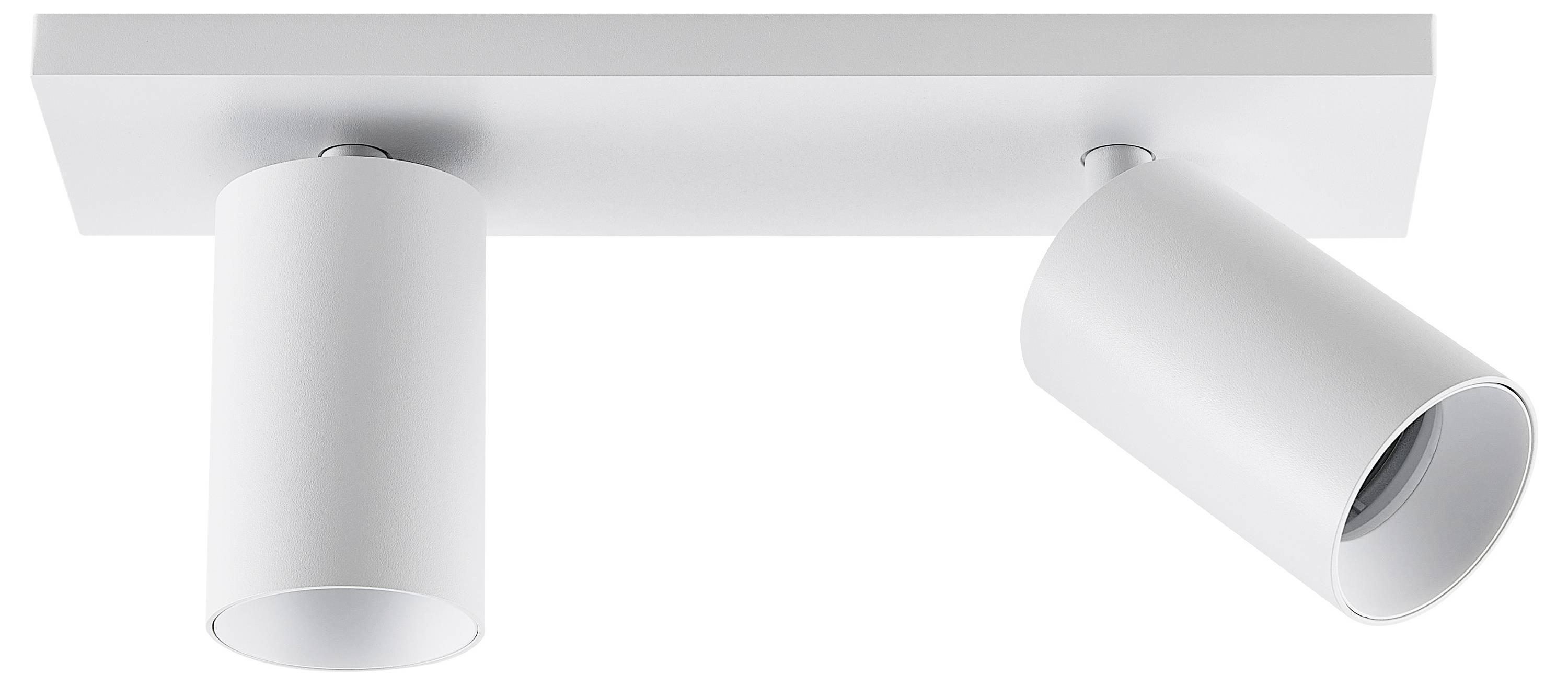 Dva biele, valcovité LED stropné reflektory, jeden smerujúci nadol a druhý doprava, namontované na obdĺžnikovom držiaku.