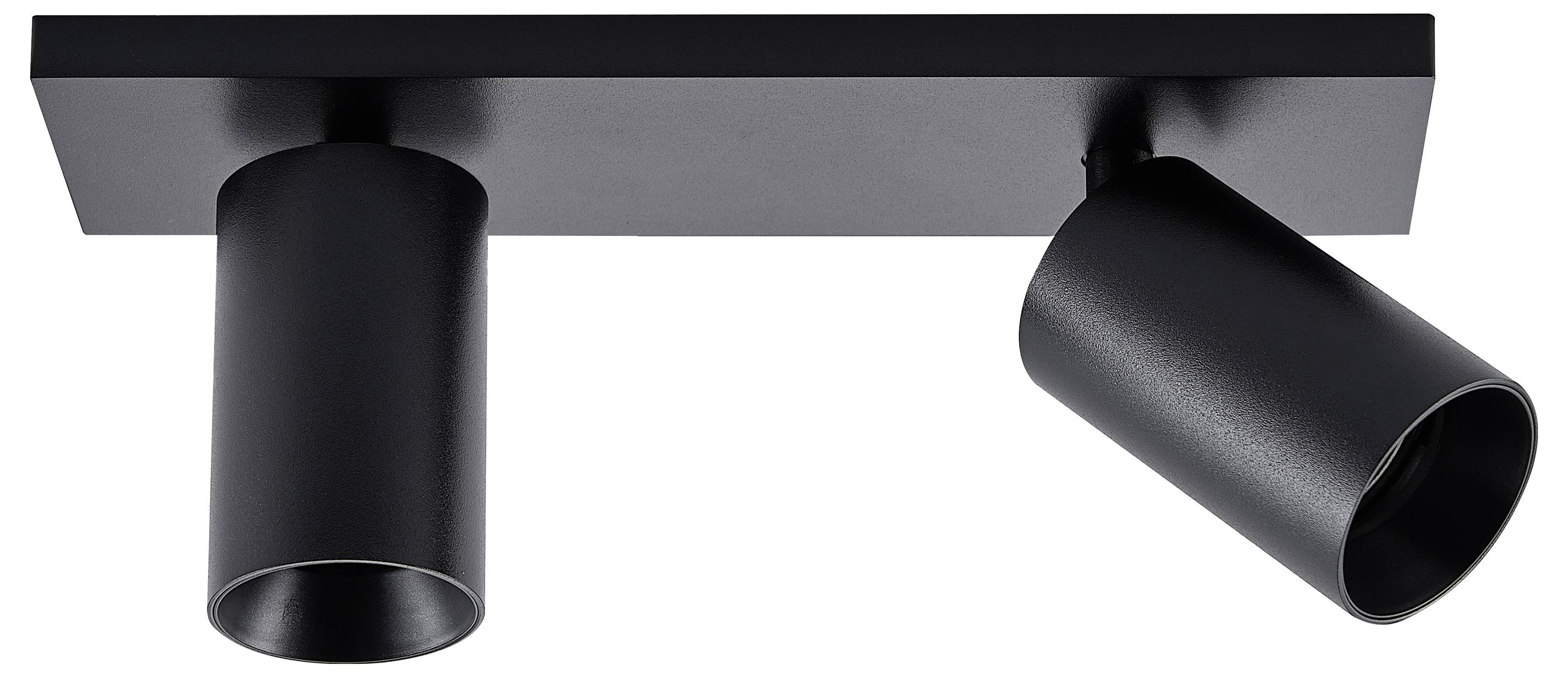 Čierne stropné svietidlo s dvomi nastaviteľnými valcovými svetlometmi, moderného a minimalistického dizajnu, určené pre interiérovú svietidlo.