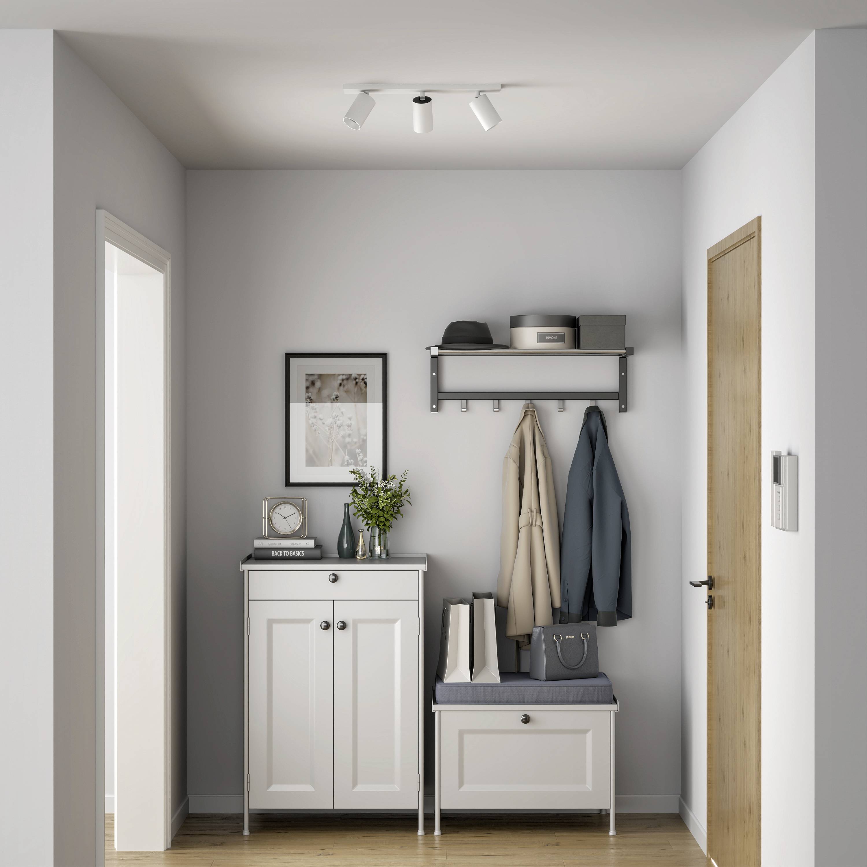 Chodba so skrinkami, na ktorých sú fotorámiky a rastliny. Na stene visia kabáty a bundy. Moderné osvetlenie zo stropu.