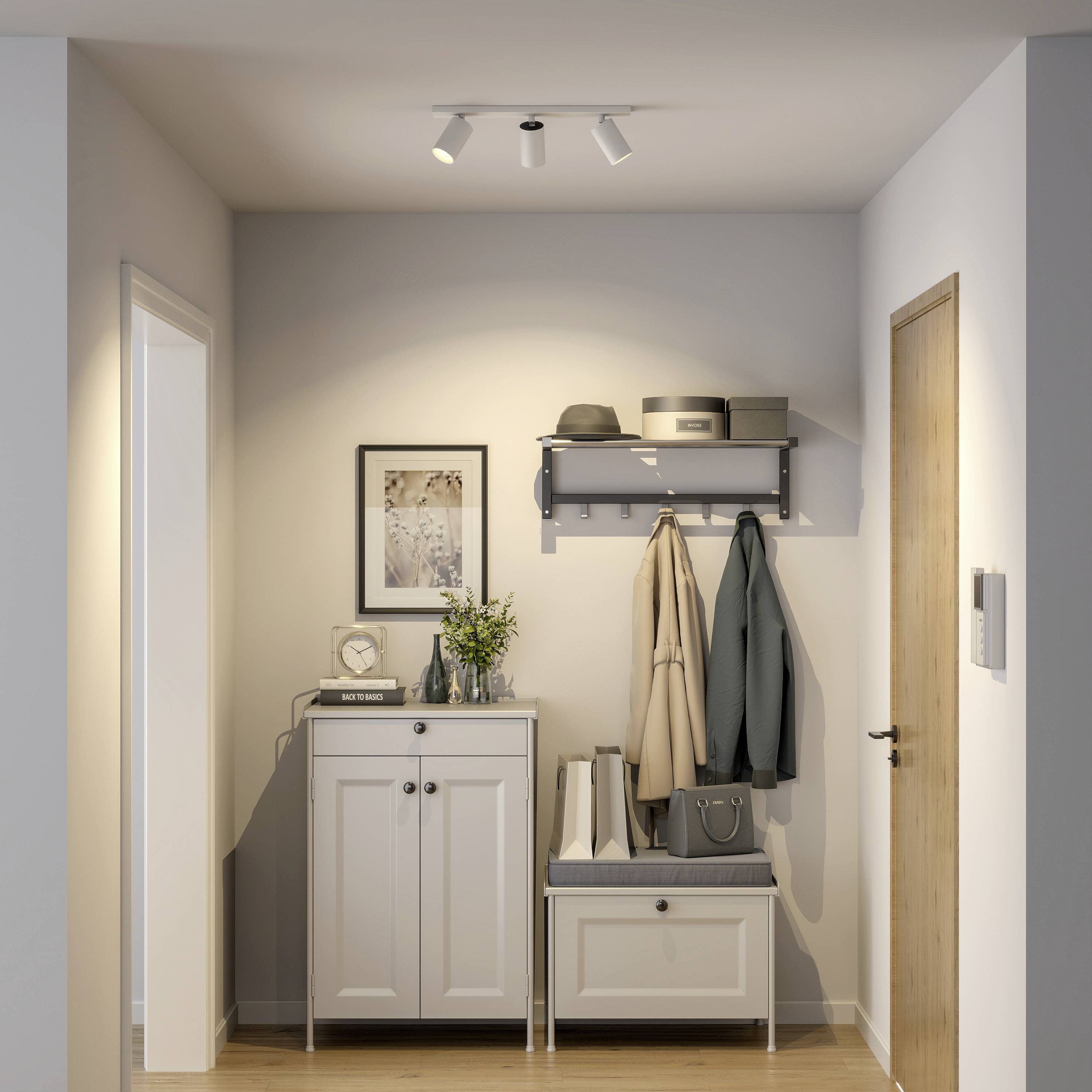 Vstupná hala s komodou, rastlinami a vešiakom s kabátmi. Svetlobéžové steny, drevené dvere, moderný minimalistický štýl.