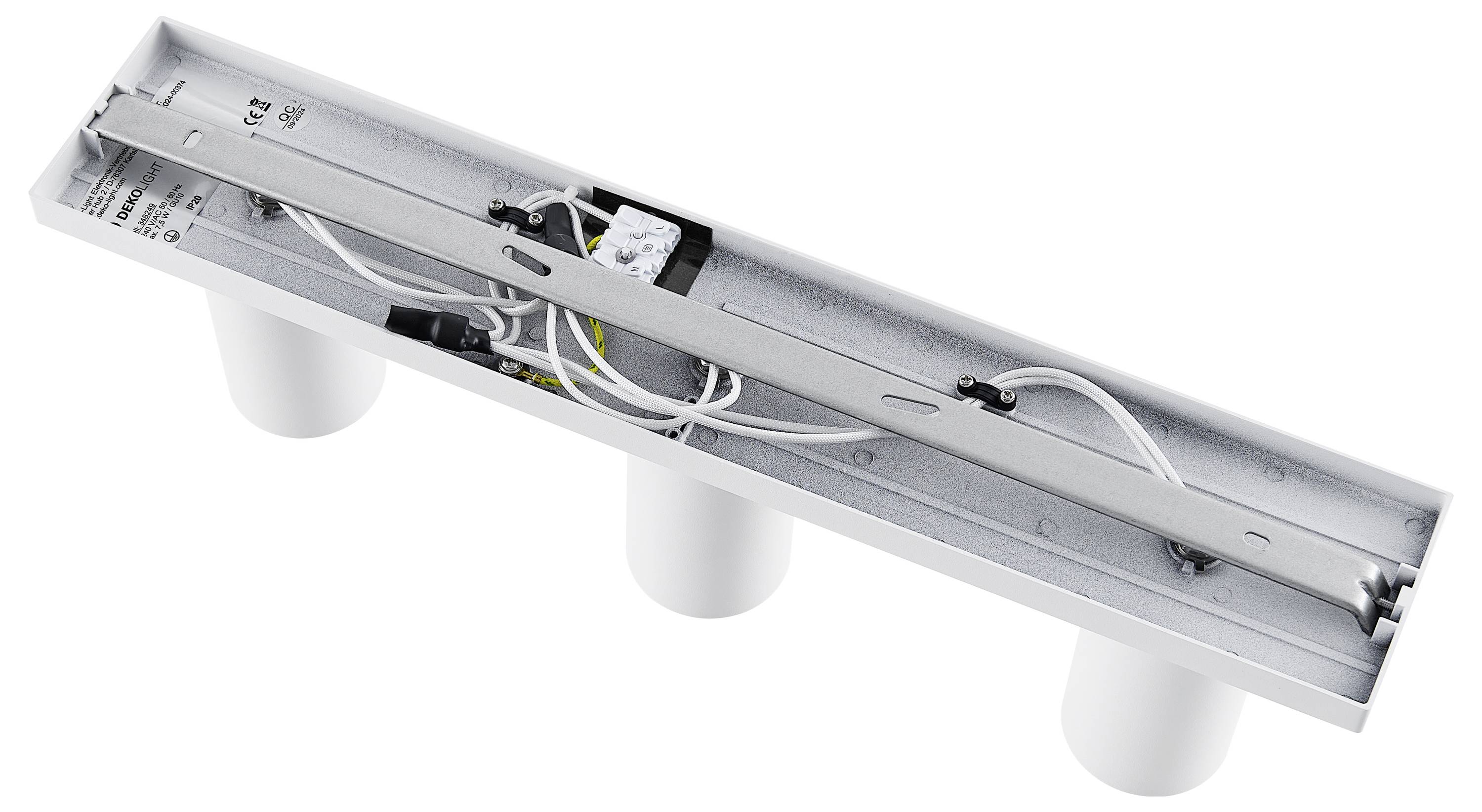 Obdĺžnikový LED svetelný kryt s tromi okrúhlymi pätkami, viditeľnými káblami a elektrickými komponentmi vo vnútri.