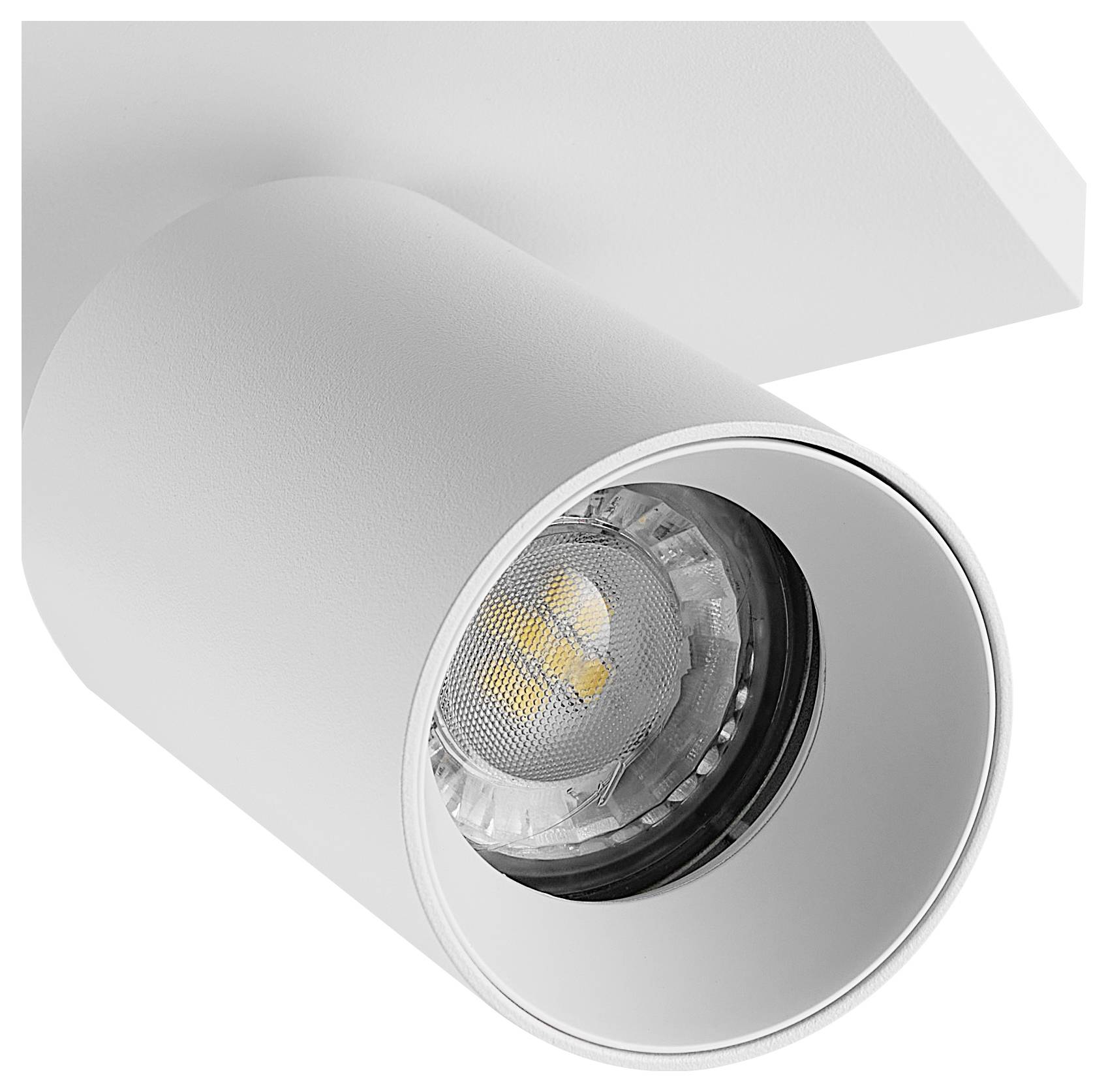 Osvetlený, biely, valcovitý LED stropný reflektor z kovu, smerujúci nadol. Vhodný do moderných interiérov.