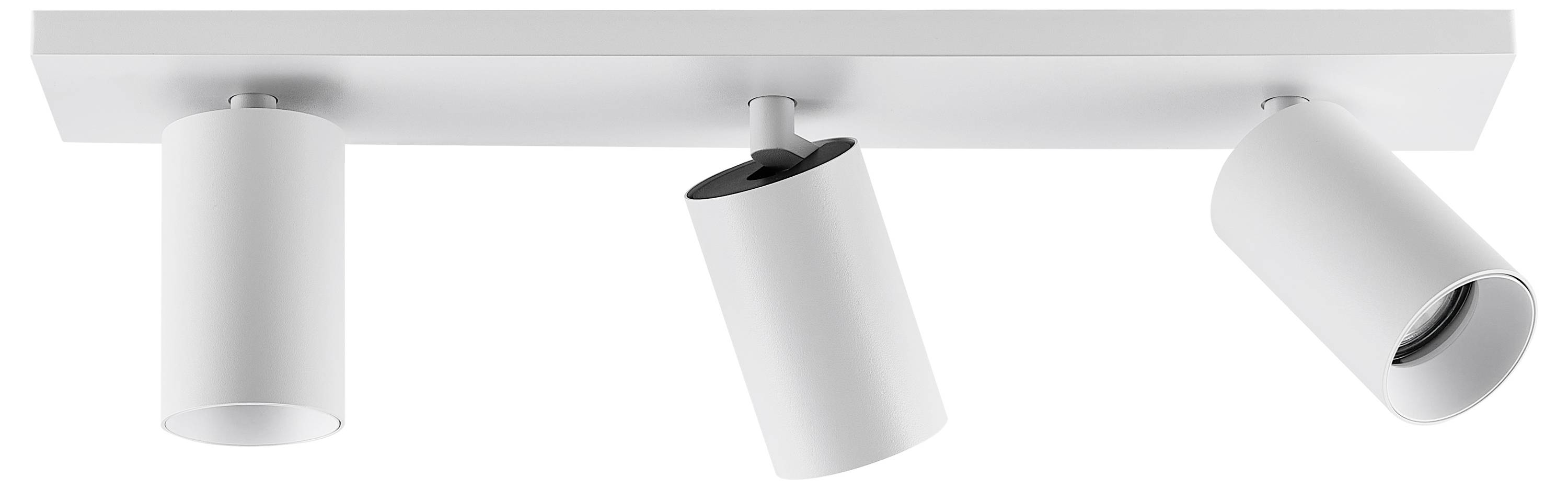 Biela stropná lampa s tromi nastaviteľnými bodovými svetlami, vhodná na cielené osvetlenie rôznych oblastí miestnosti.