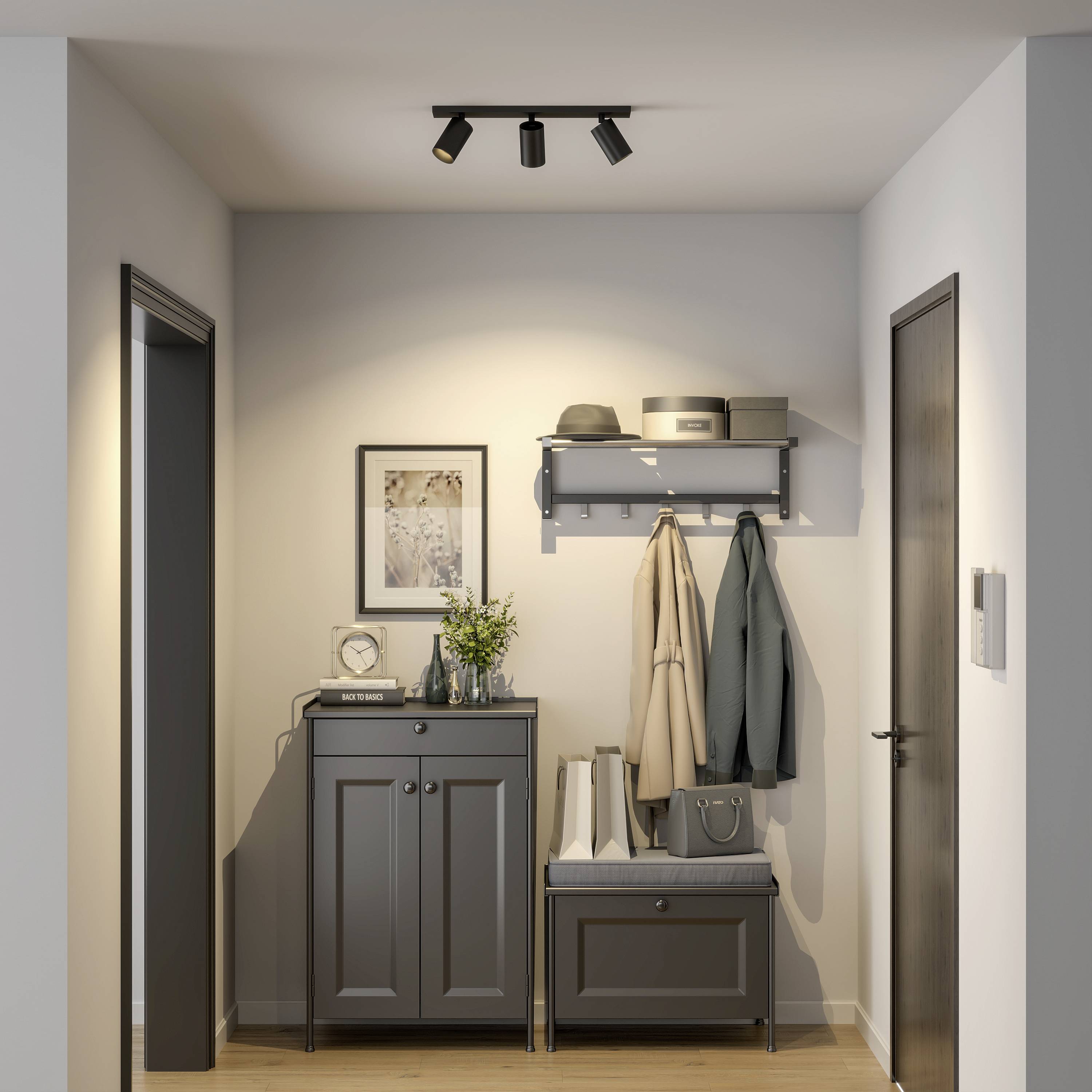 Chodba s sivým nábytkom: skriňa, vešiaky s kabátmi, políčka s knihami a obrazom na stene. Tlmené osvetlenie.