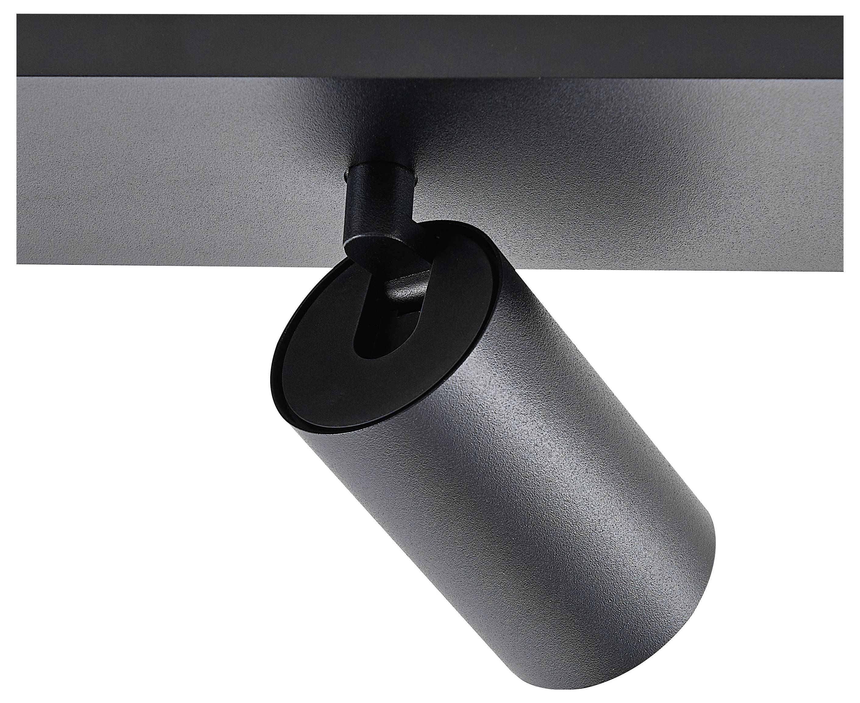 Čierna, valcovitá stropná lampa s nastaviteľným uhlom, namontovaná na plochom držiaku. Ideálna pre smerované svetlo.