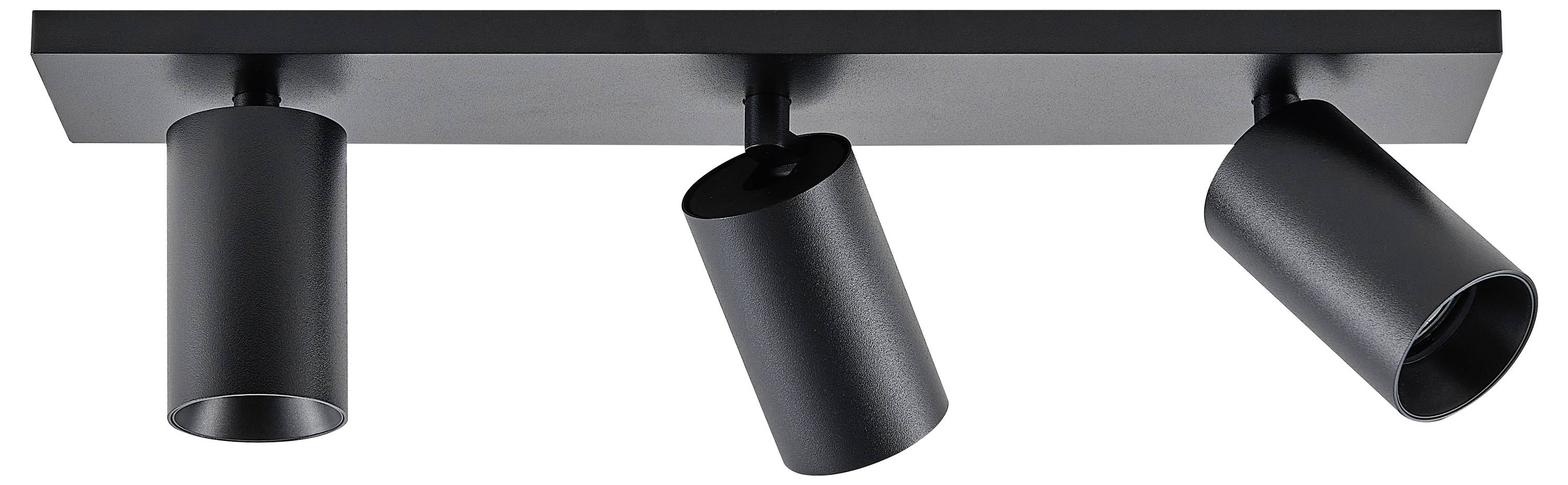 Trojramenný, čierny stropný reflektor s nastaviteľnými valcami pre cielené osvetlenie.