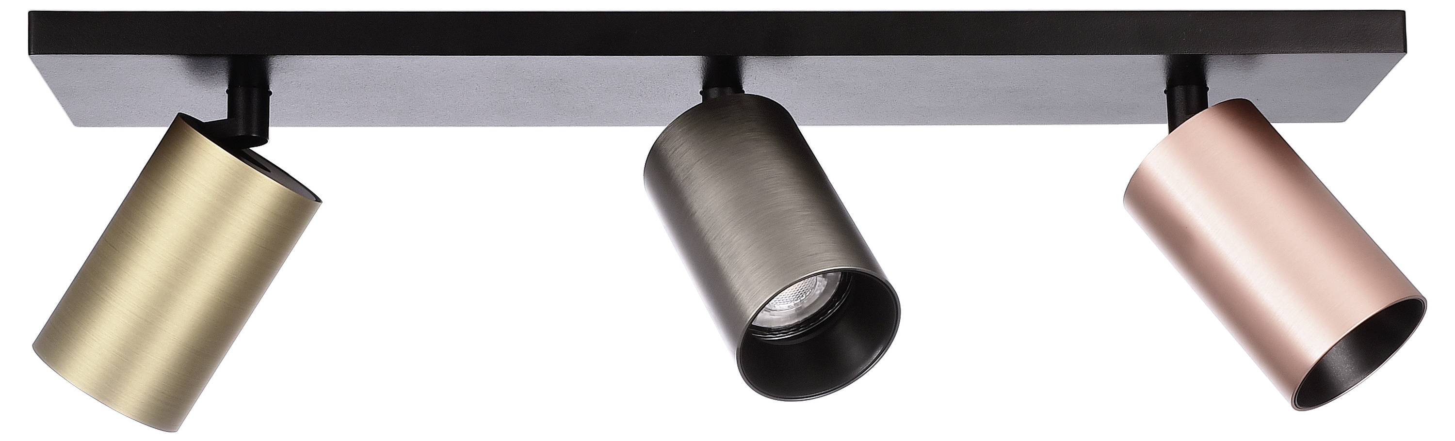 Tri stropné reflektory v zlatej, čiernej a medenej farbe upevnené na obdĺžnikovom držiaku, každý nasmerovaný iným smerom.