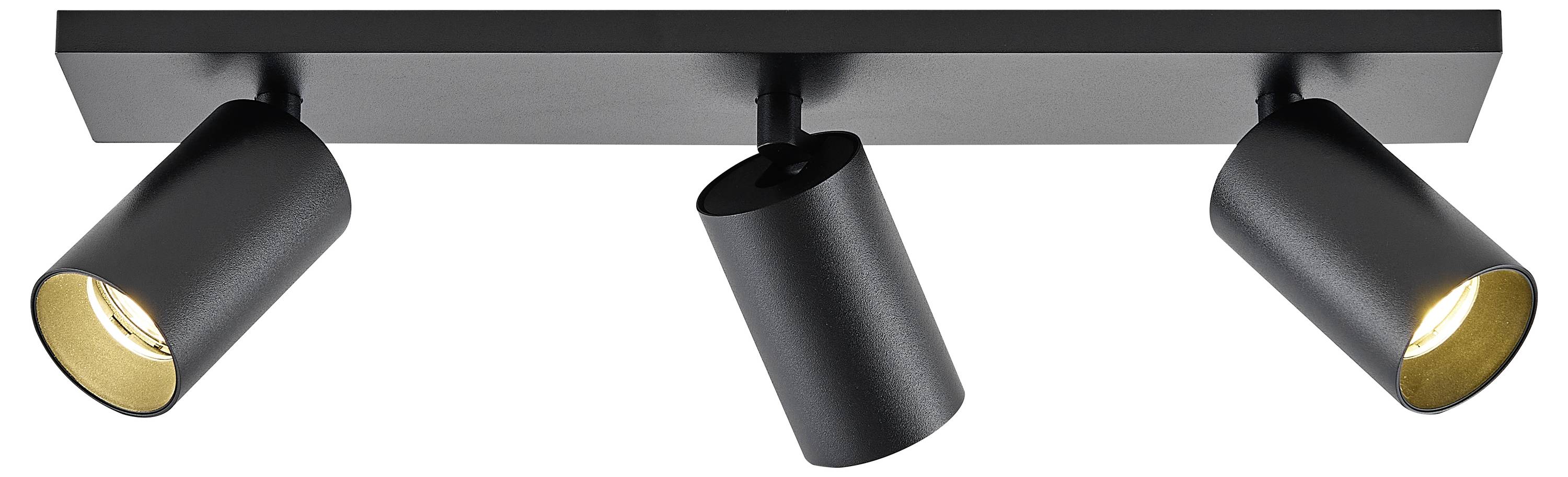 Čierne stropné svietidlo s tromi nastaviteľnými svetlometmi, ktoré môžu osvetľovať rôzne časti miestnosti.