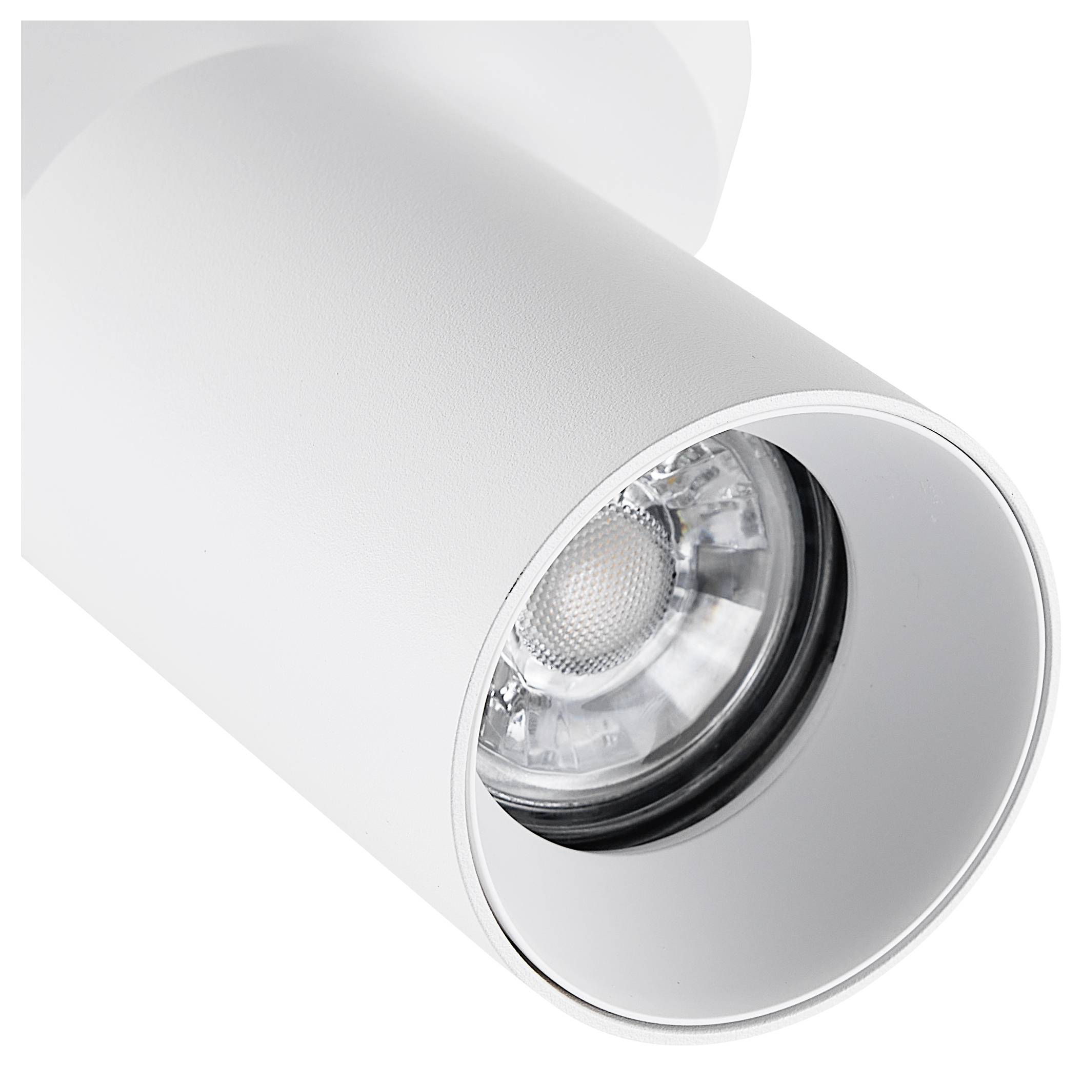 Biela valcovitá lampa so viditeľným žiaričom, vhodná na montáž na strop; moderne a minimalisticky navrhnutá.