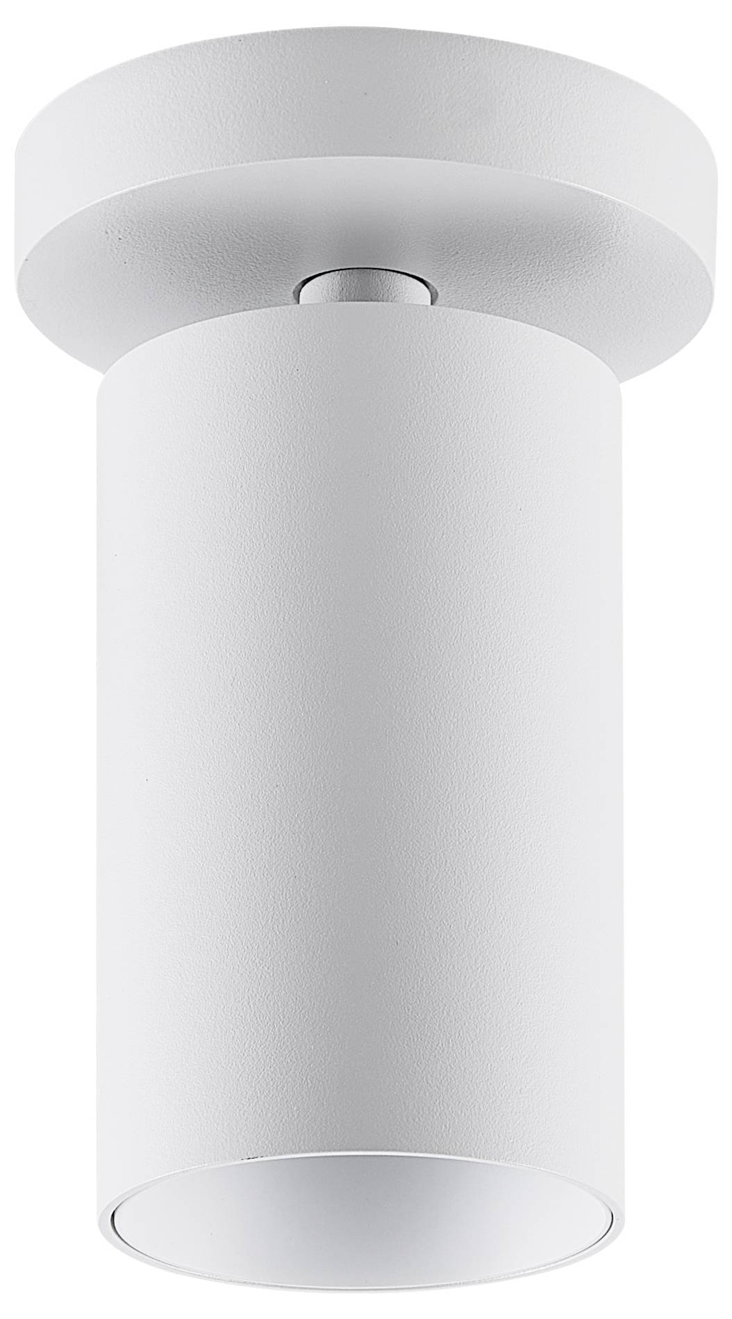 Jednotlivá biela stropná lampa s valcovitým tienidlom a okrúhlou základňou, moderne a minimalisticky navrhnutá.