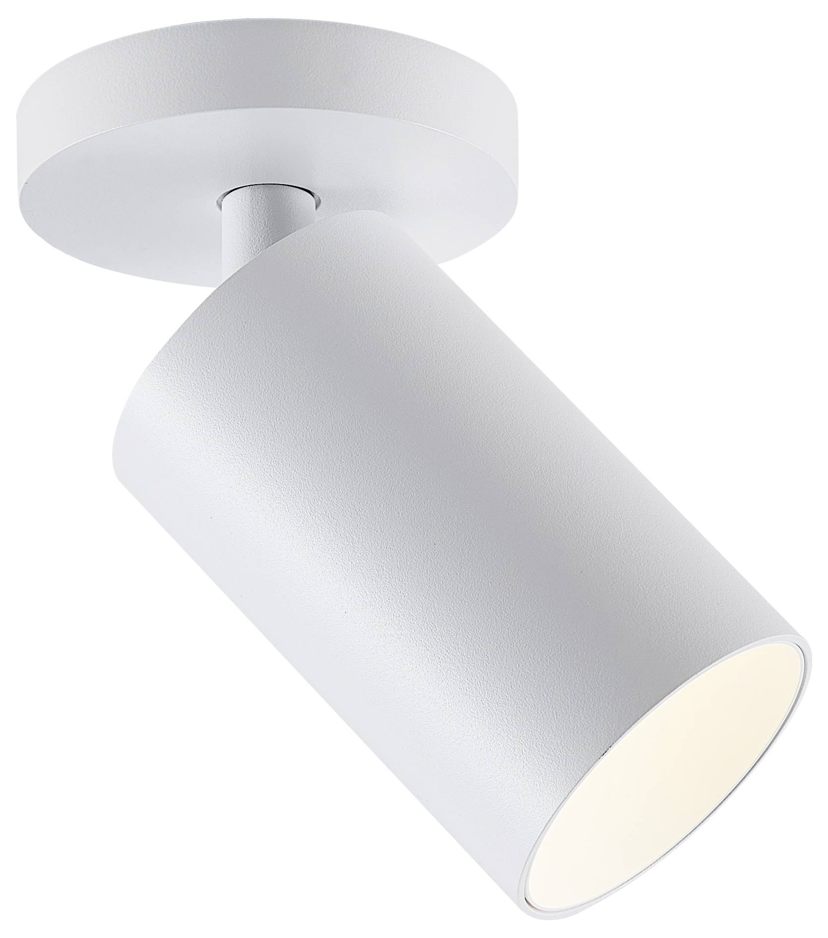 Biela valcová stropná lampa v minimalistickom dizajne, nastaviteľná pre flexibilné smerovanie svetla.