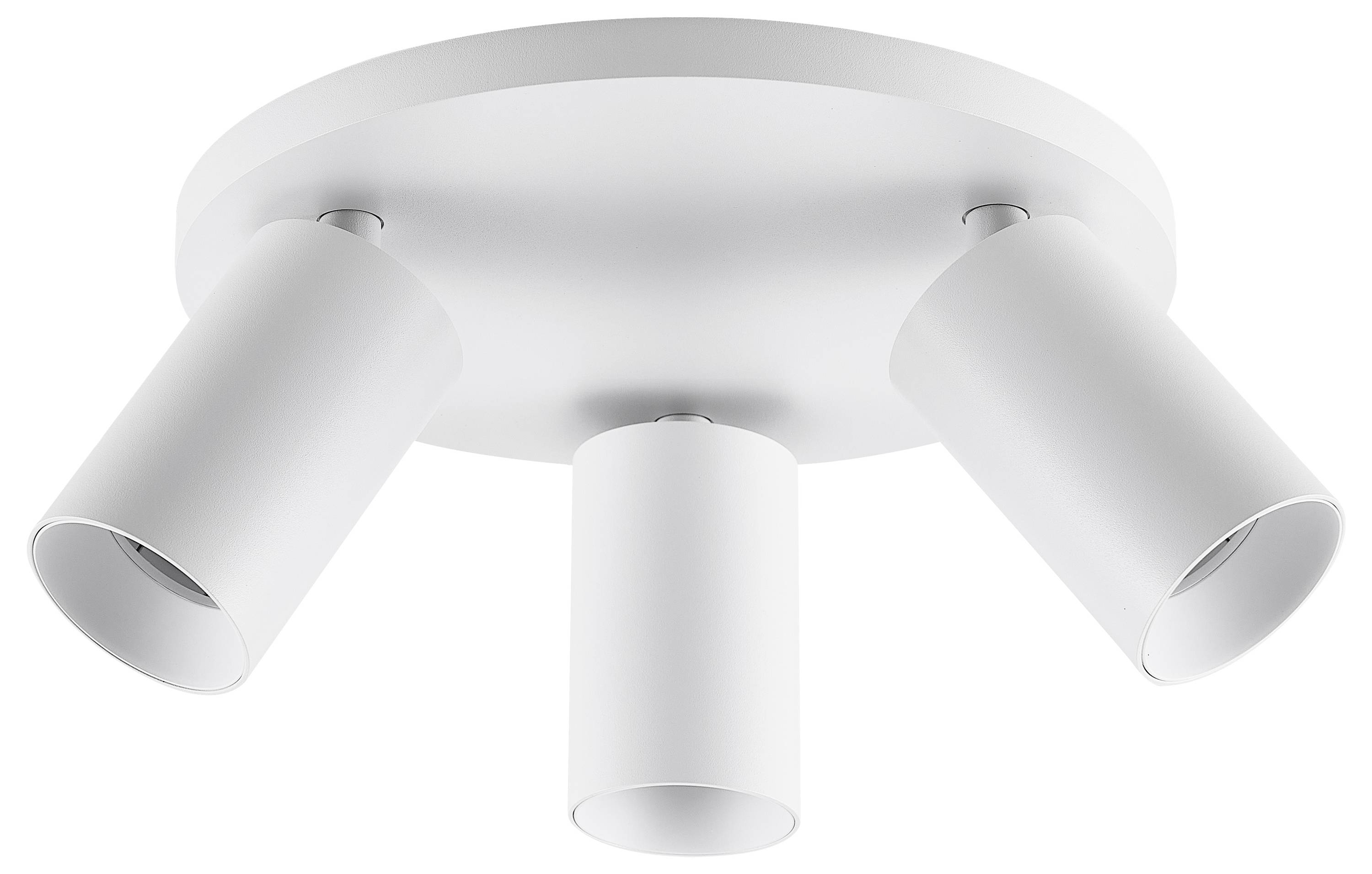 Biela stropná lampa s tromi nastaviteľnými valcovými bodovými svetlami na rovnomerné osvetlenie priestoru.