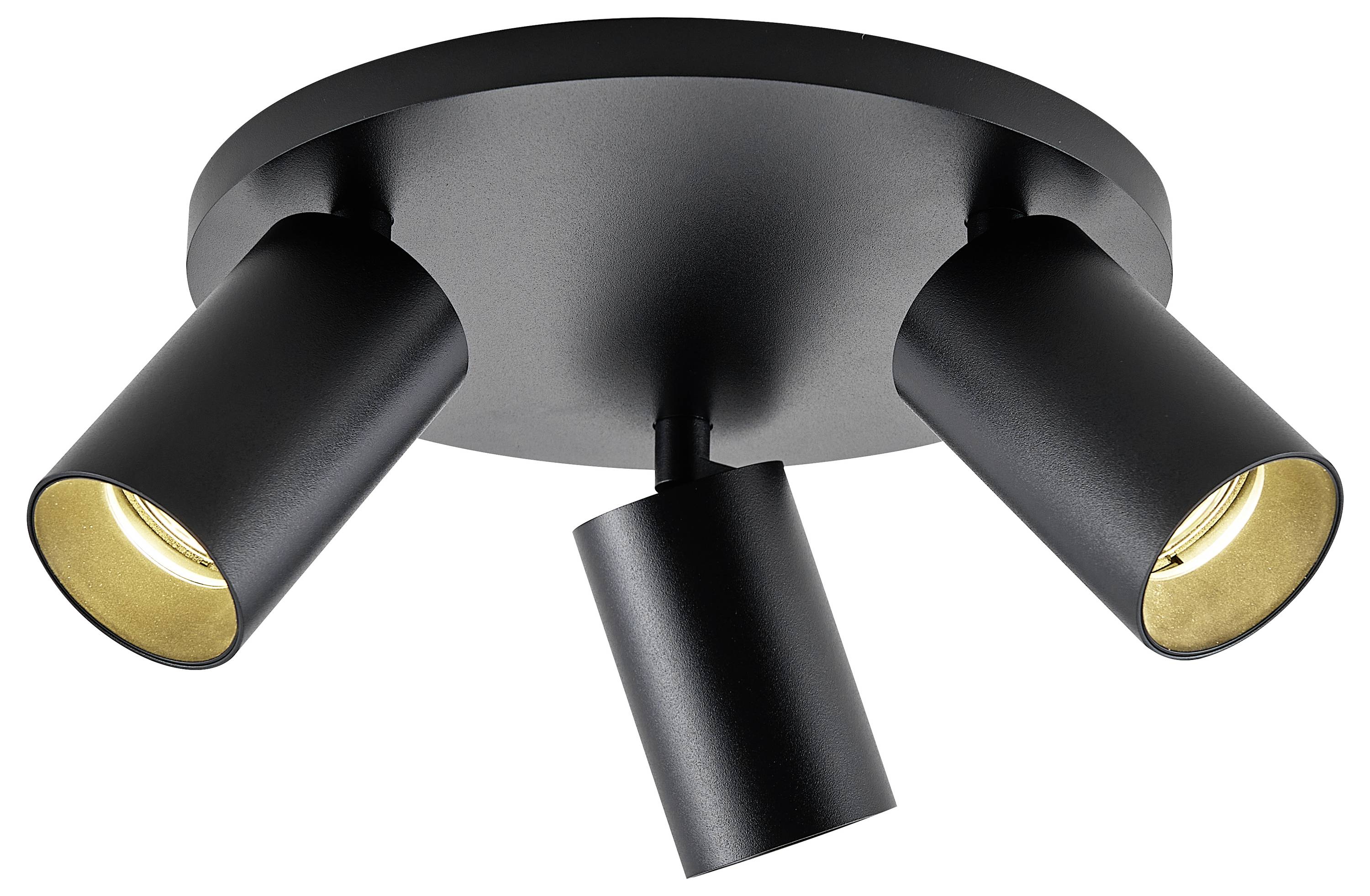 Čierne stropné svietidlo s trojitým ramenom, vybavené nastaviteľnými valcovitými reflektormi smerujúcimi nadol.