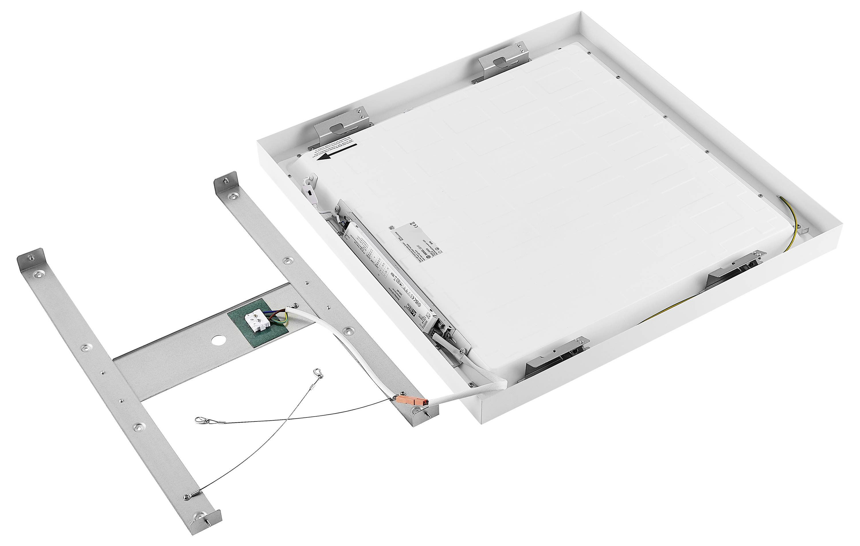 LED stropné svietidlo so sňatým rámom ukazuje elektrické káble a pripájacie komponenty, pripravené na inštaláciu do stropu.