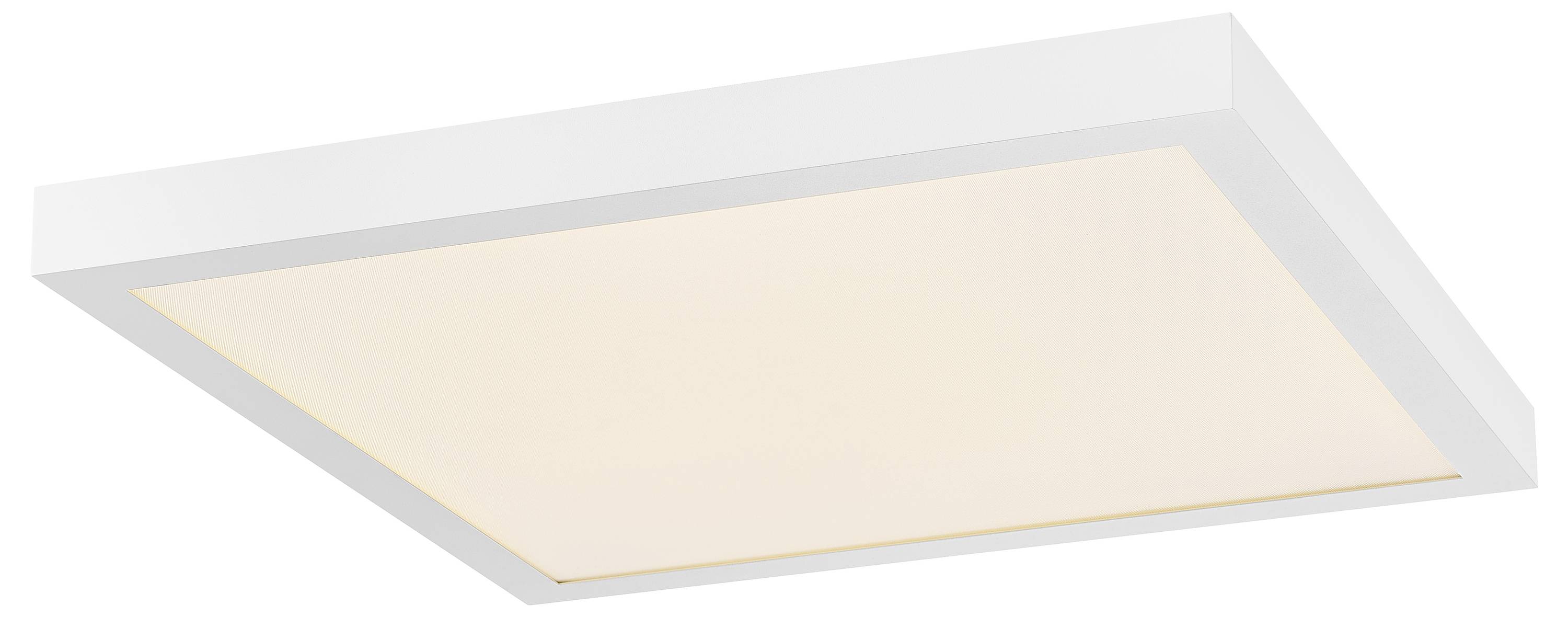 Biela, štvorcová stropná lampa s jemným, teplým bielym svetlom; moderný dizajn, vhodná do obytných a kancelárskych priestorov.