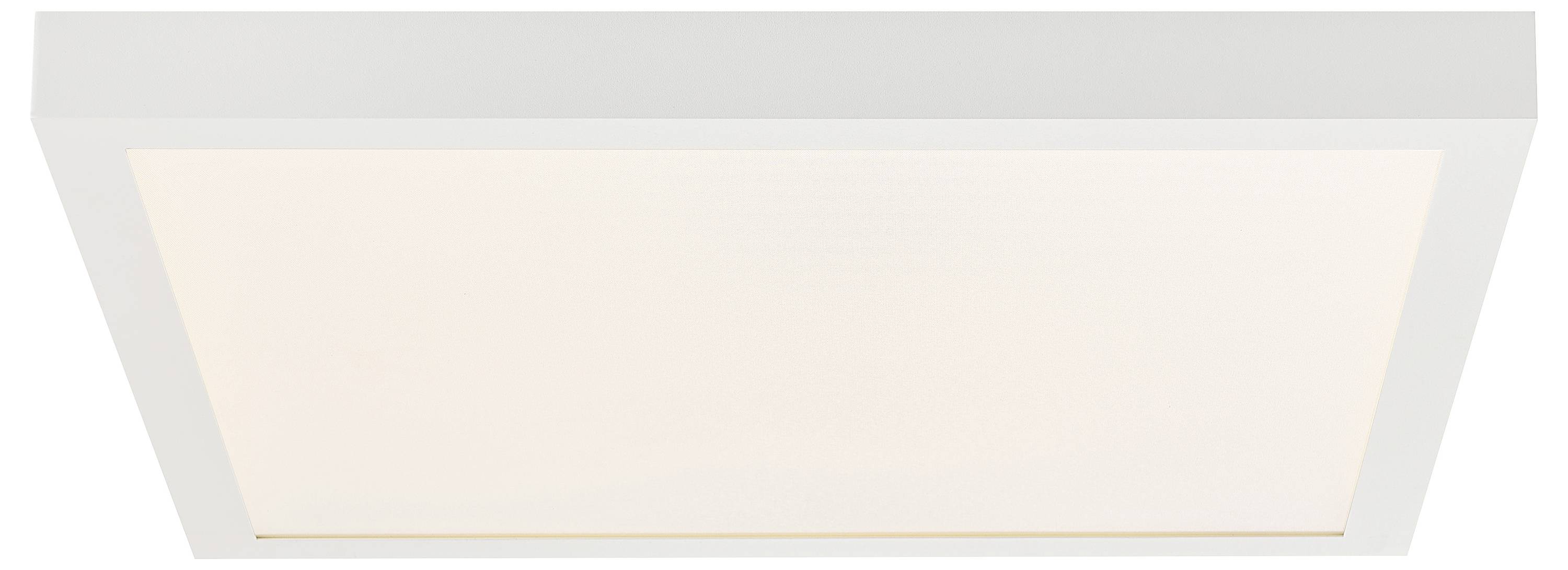 Biela, štvorcová stropná lampa s plochým, minimalistickým dizajnom. Vhodná pre moderné obytné alebo kancelárske priestory.