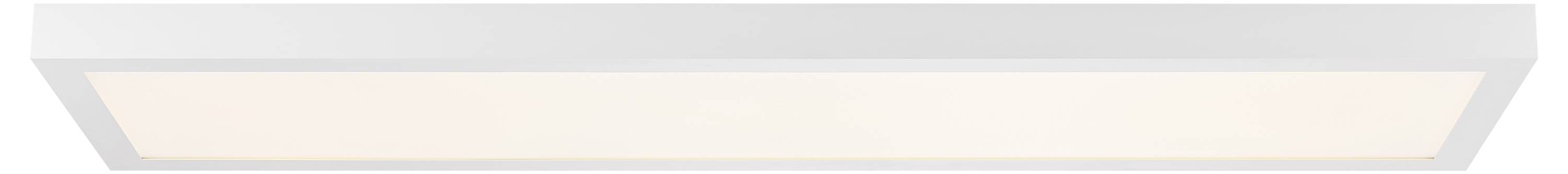 Obdĺžniková, plochá LED stropná lampa v bielom ráme, ktorá vyžaruje rovnomerné svetlo.