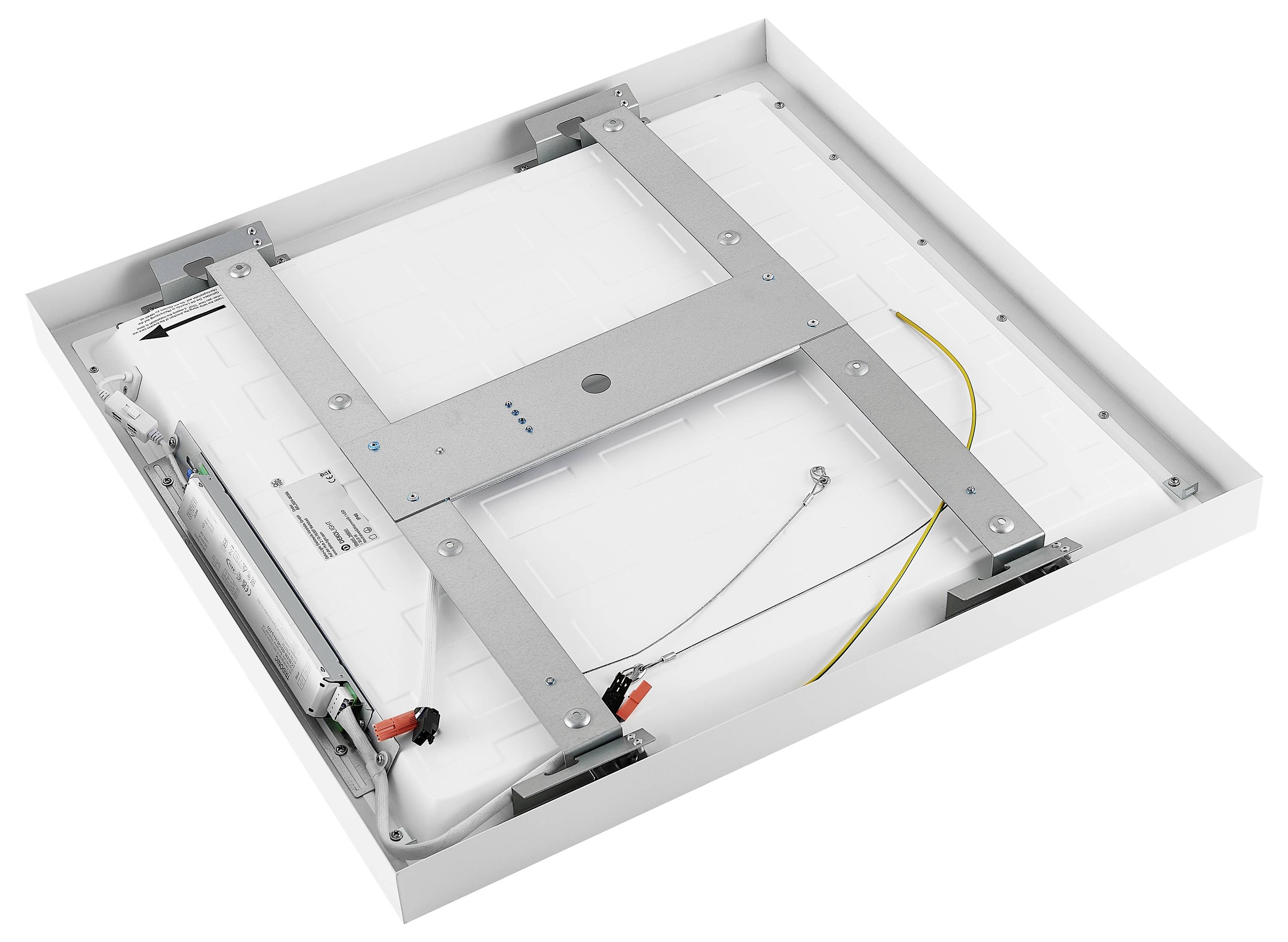 LED stropný panel pohľadový zozadu, ukazujúci štruktúru krytu a upevňovacie prvky. Káble a pripojovacia krabica sú viditeľne umiestnené.
