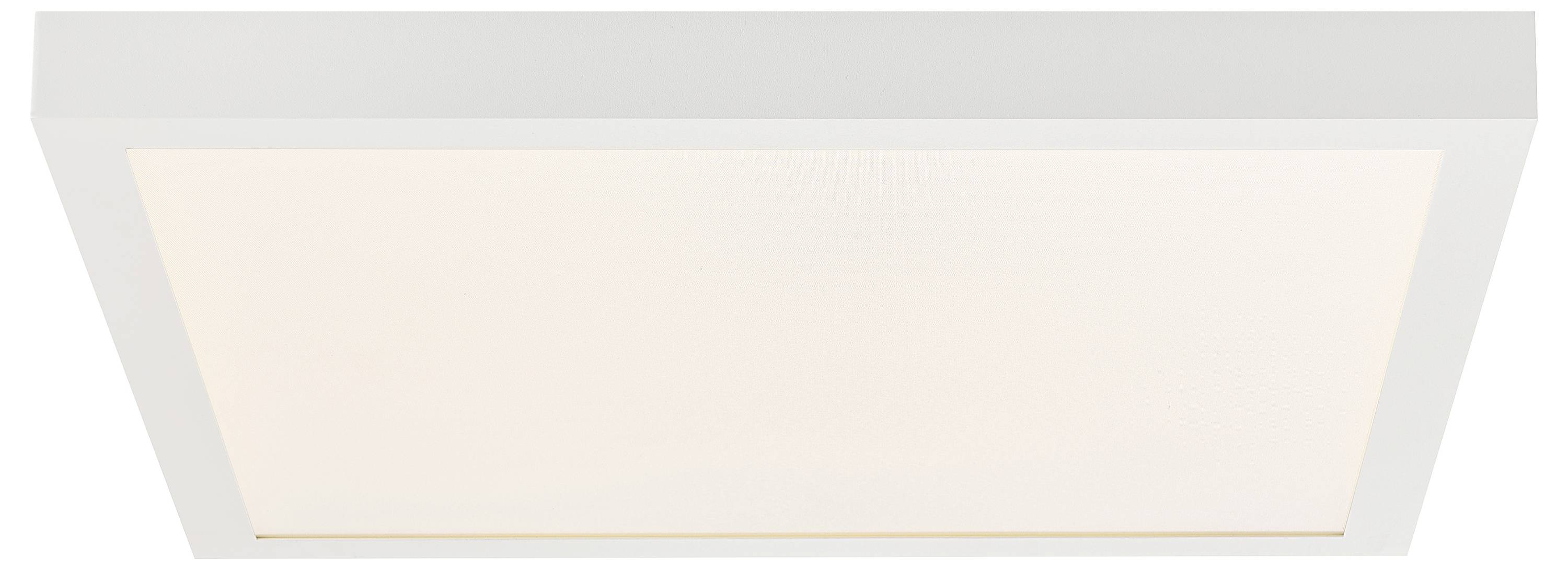 Štvorcové stropné svietidlo s plochým bielym rámom a difúznym krytom, ktorý vyžaruje rovnomerne mäkké svetlo.