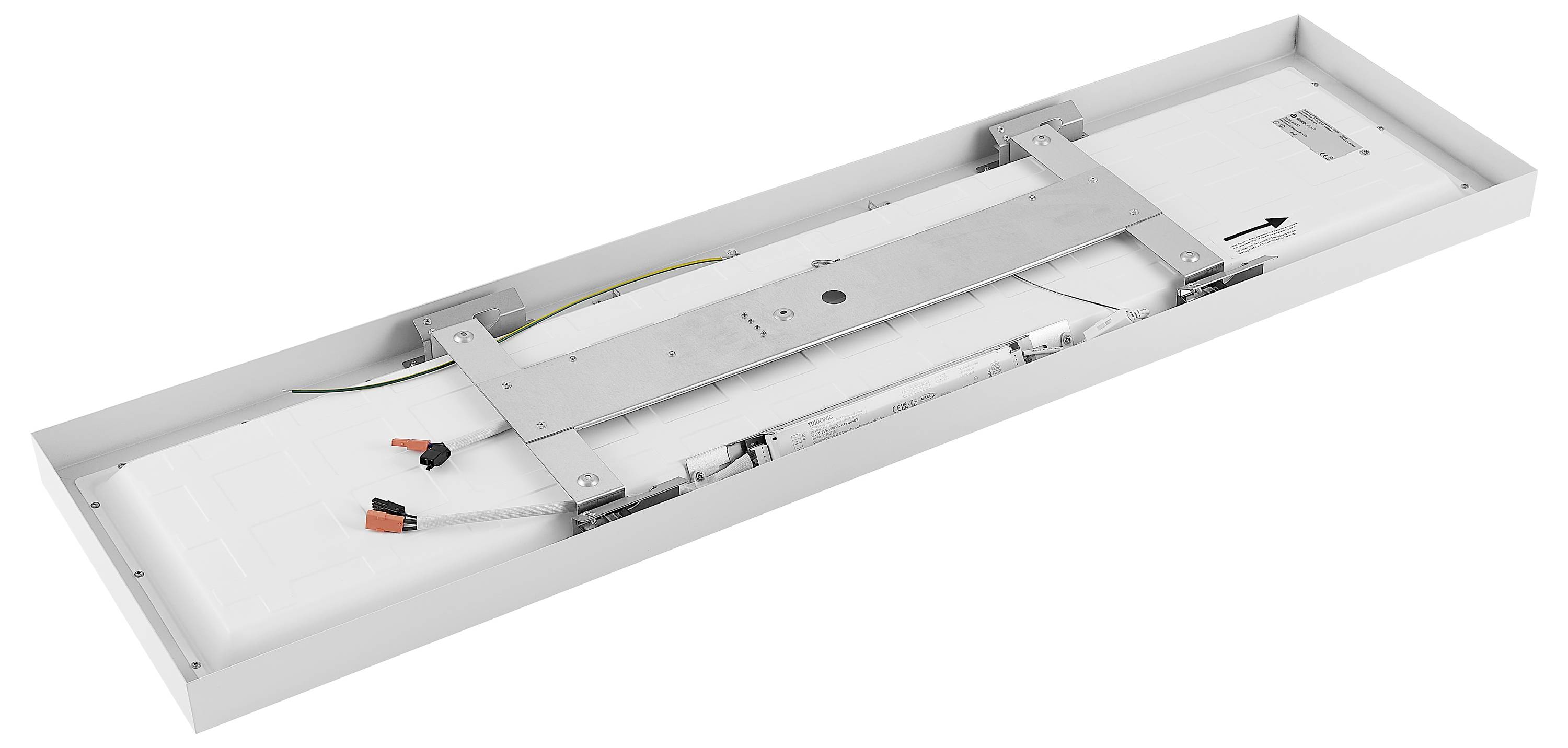 Obdĺžnikový LED panel, zadná strana s montážnou lištou a viditeľnou elektronikou, vhodný na inštaláciu na strop.