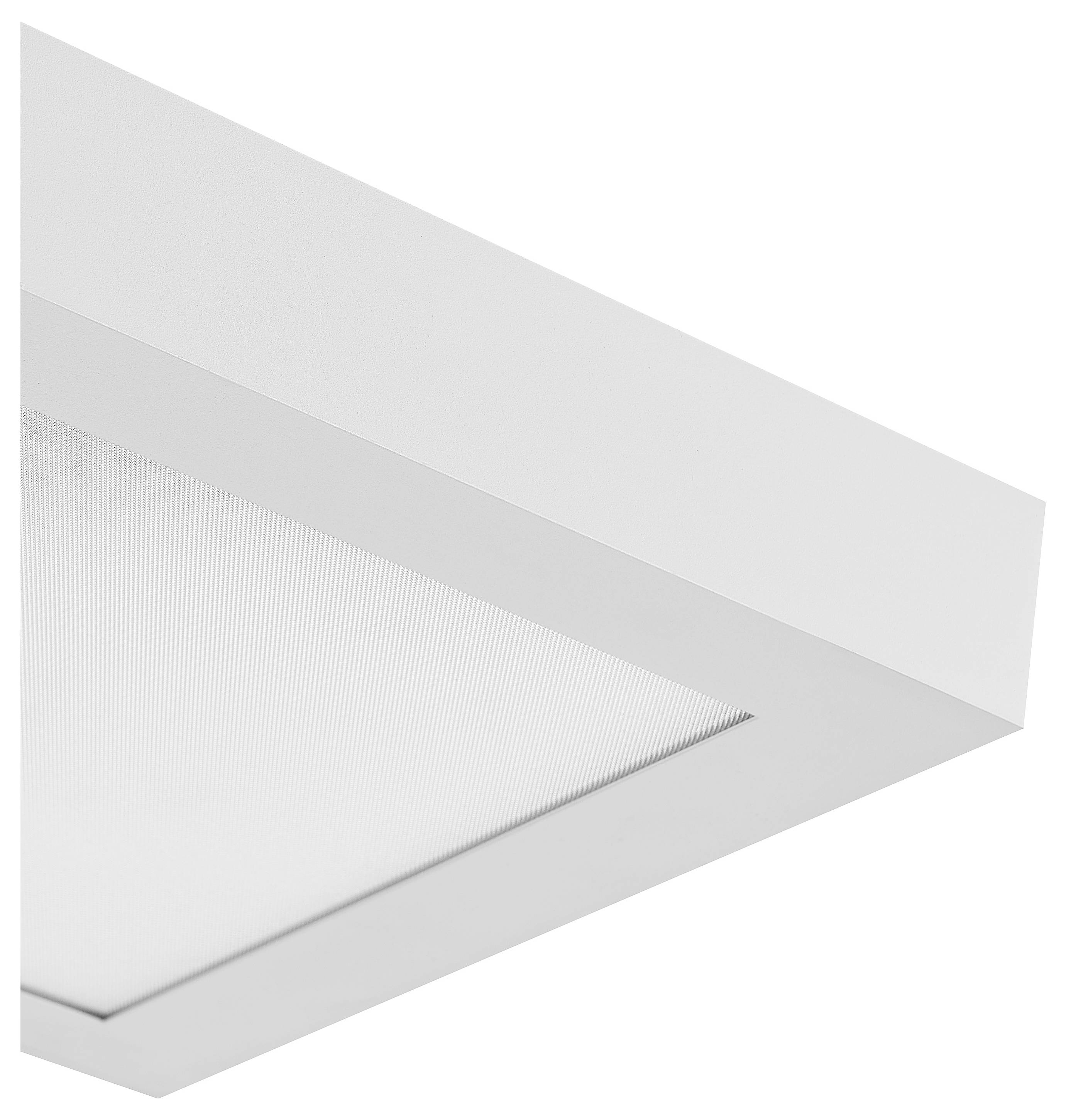 Biela štvorcová stropná lampa s minimalistickým dizajnom a štruktúrovaným sklom, namontovaná v rohu.