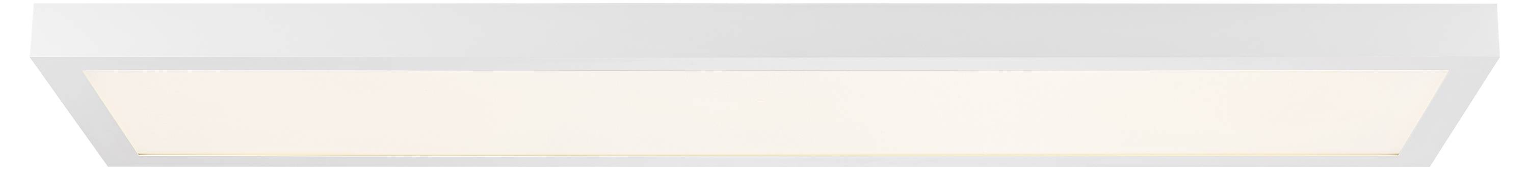 Pravouhlé, ploché stropné LED svietidlo, ktoré rovnomerne svieti v teplom bielom odtieni a je jednoducho zasadené do bieleho rámu.