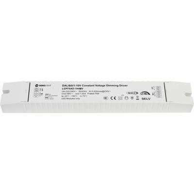 Obdĺžnikový LED stmievací ovládač s nápisom 'DALIS01-10V Constant Voltage Dimming Driver LCP75AD-1WNV' na prednej strane.