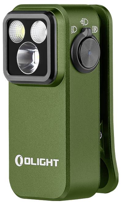 Zelená baterka od Olight s dvoma svetelnými módmi a klipom na pripevnenie.